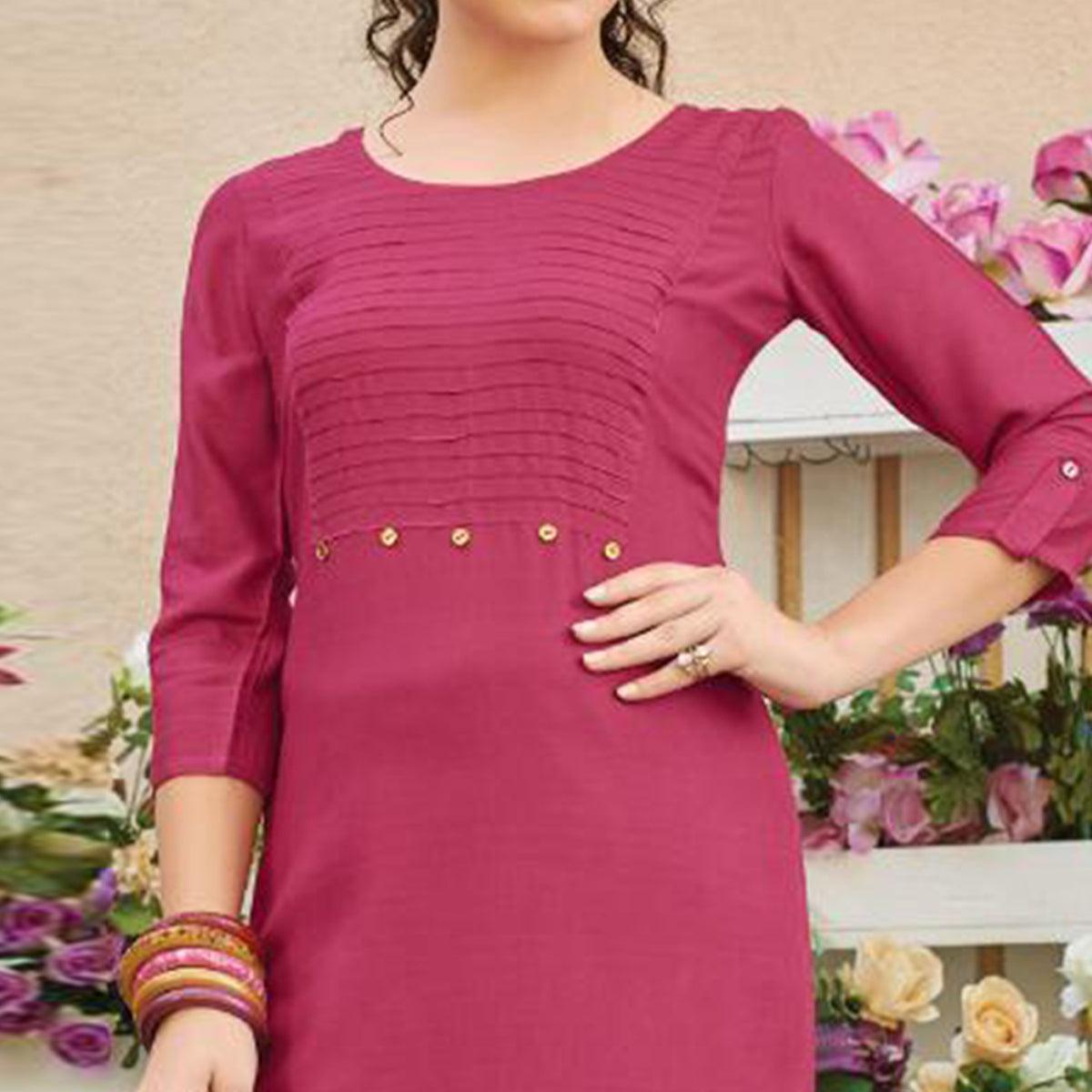 Flaunt Pink Colored Casual Wear Solid Pure Rayon Kurti - Peachmode