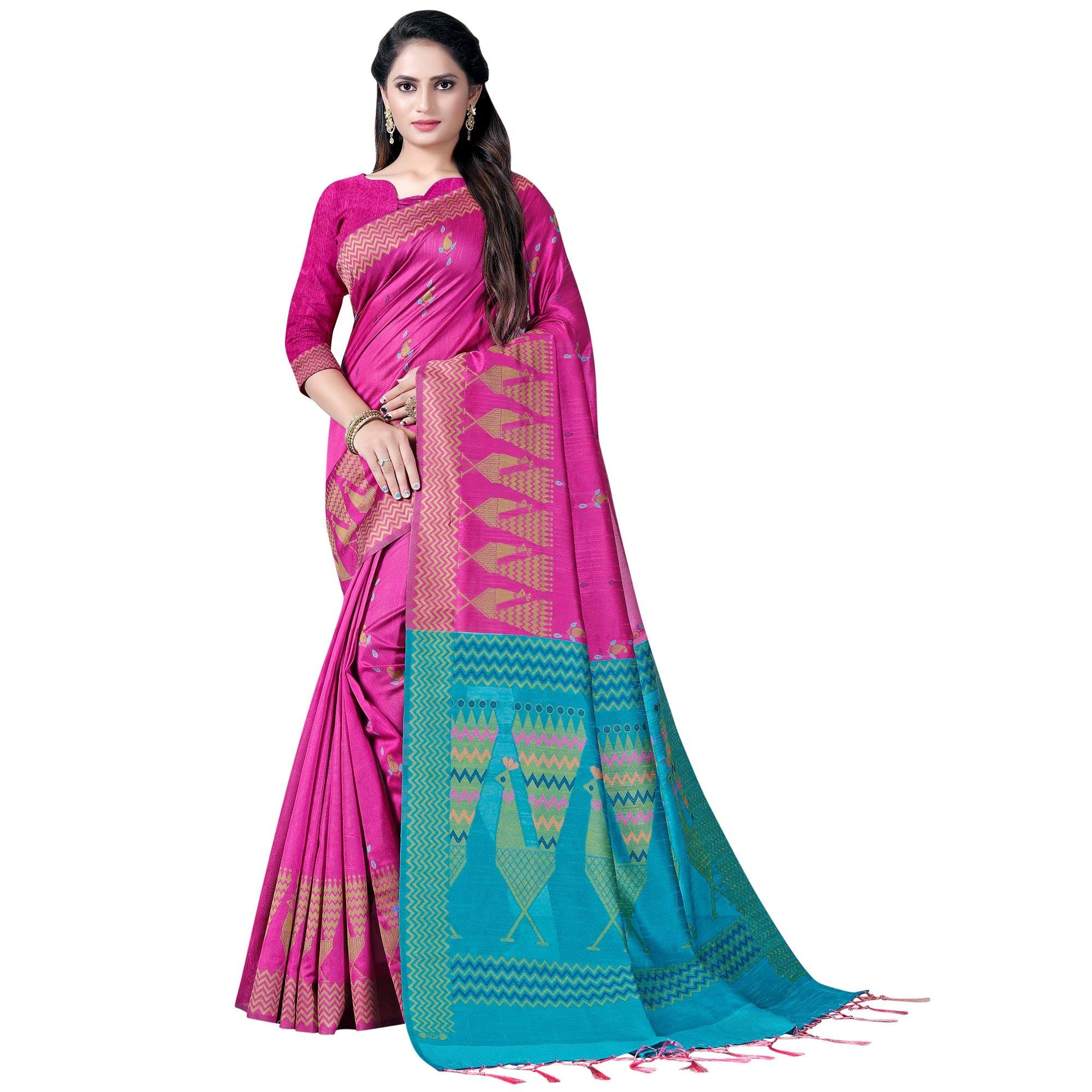 Flaunt Pink Colored Festive Wear Printed Cotton Saree - Peachmode