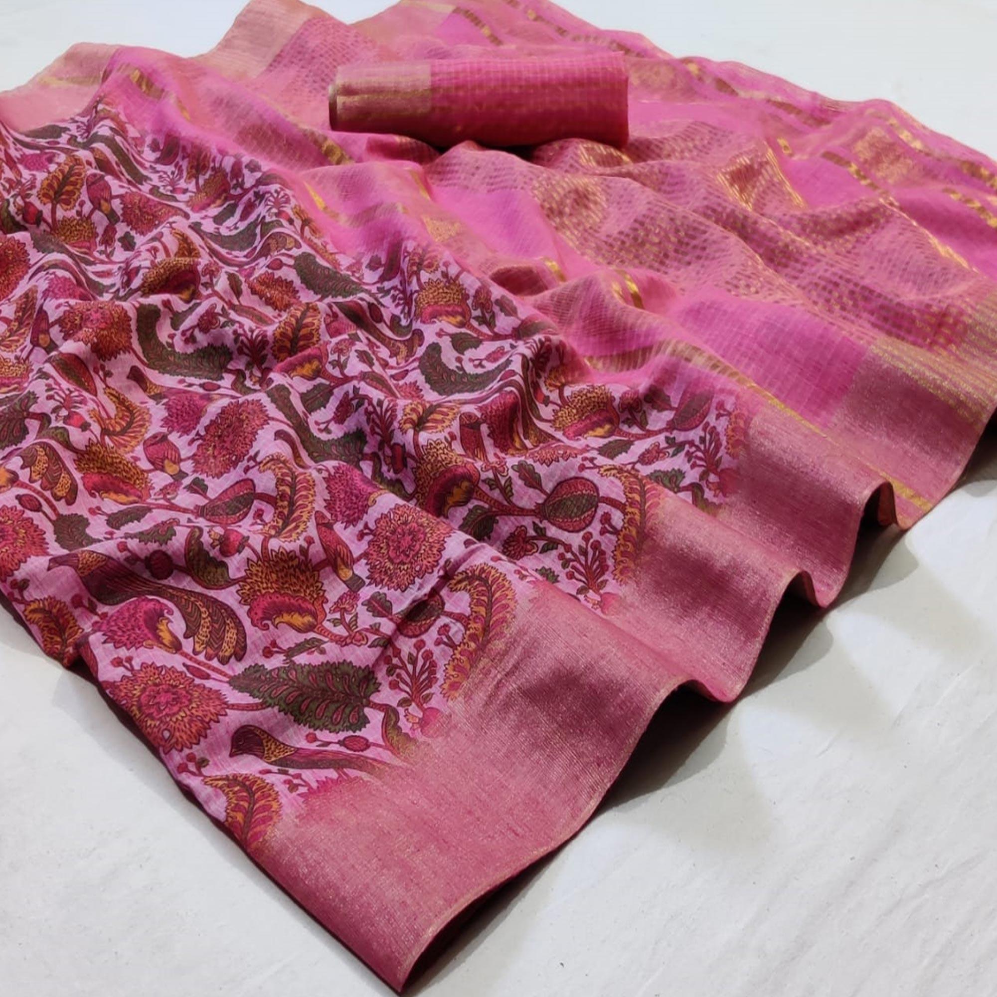 Flaunt Pink Colored Festive Wear Woven Linen Saree - Peachmode