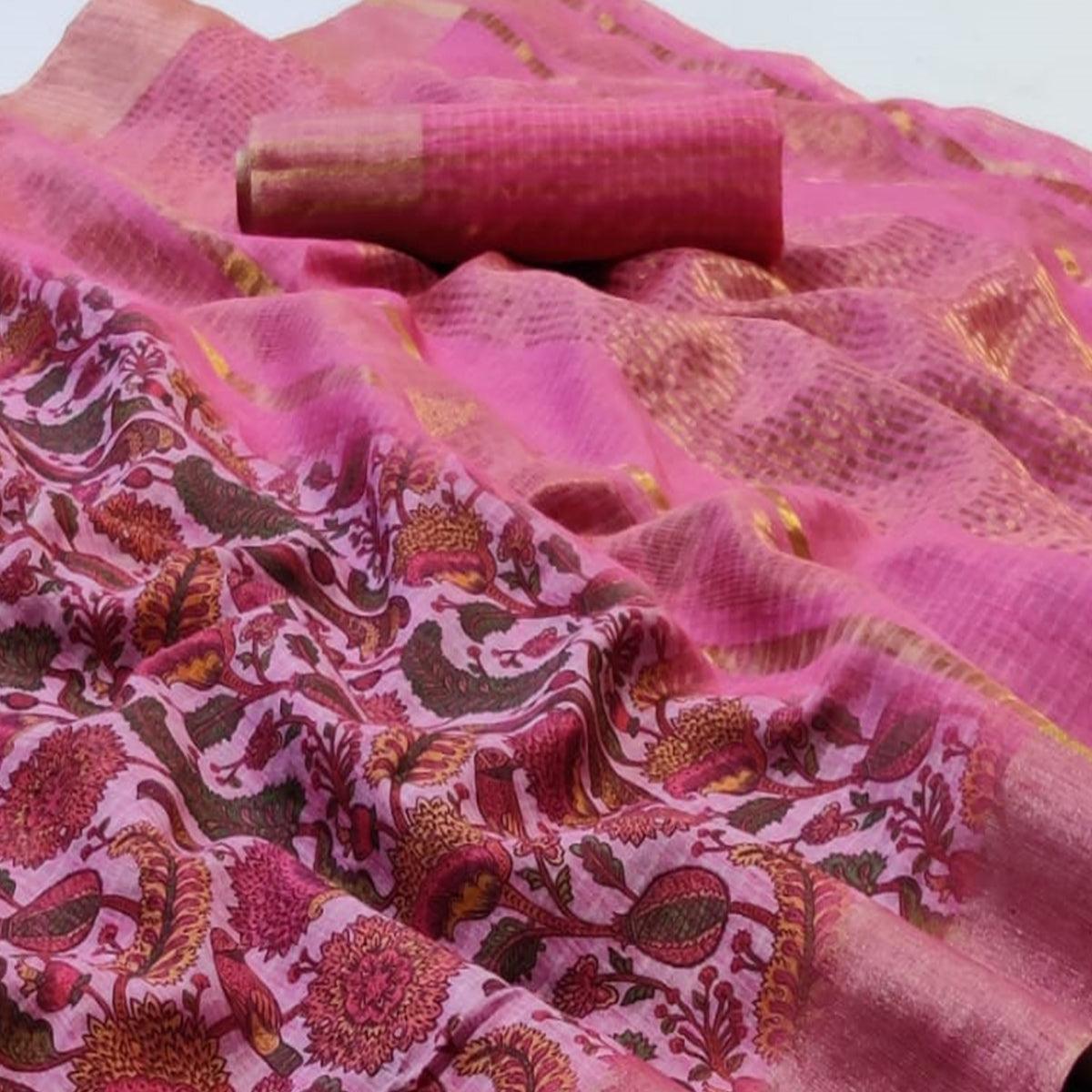 Flaunt Pink Colored Festive Wear Woven Linen Saree - Peachmode