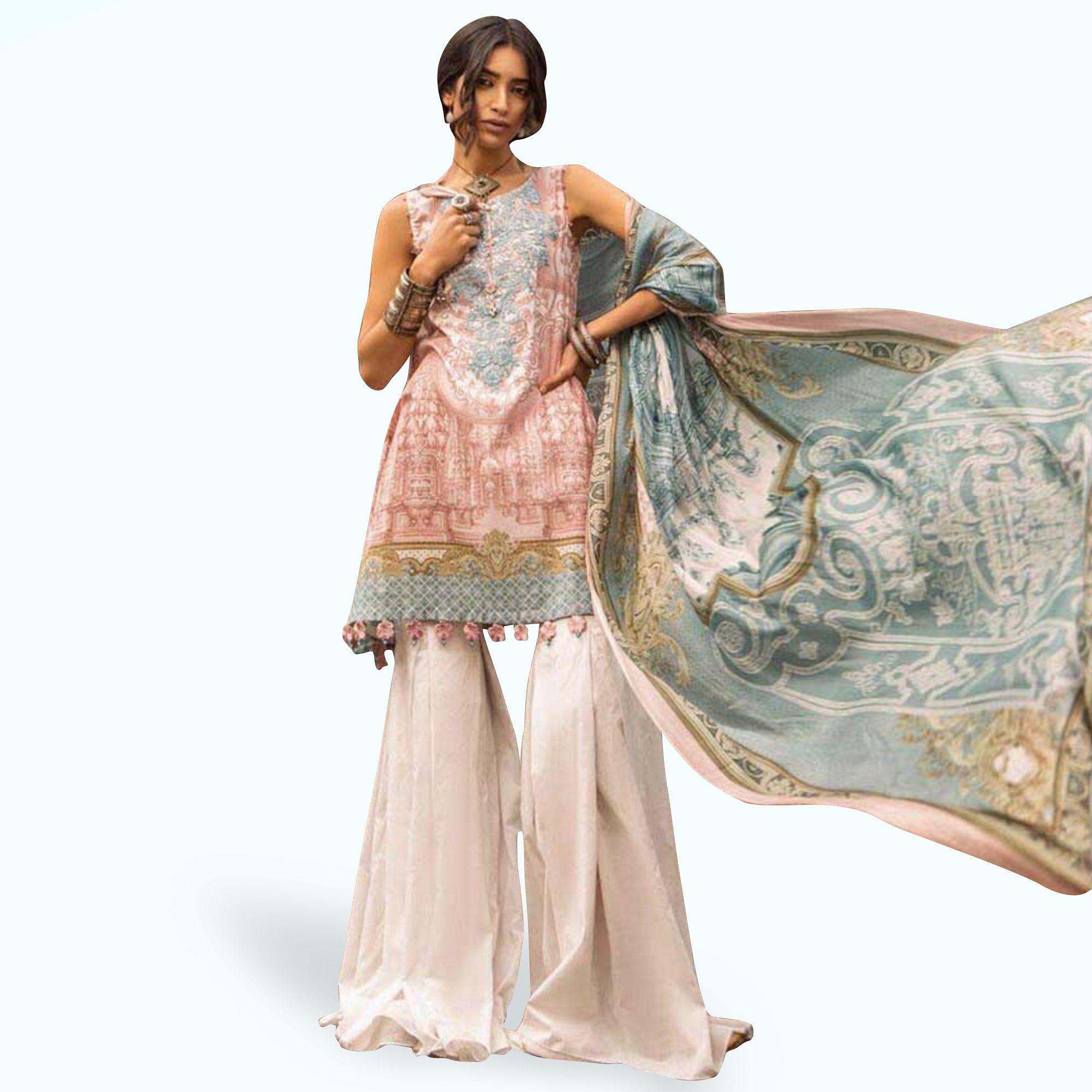 Flaunt Pink Colored Partywear Embroidered Cotton Palazzo Suit - Peachmode