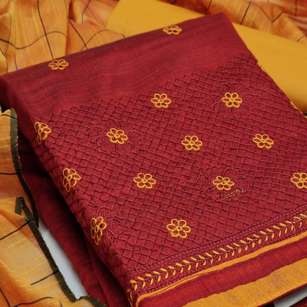 Flaunt Red Colored Casual Wear Embroidered Banarasi Cotton Dress Material - Peachmode