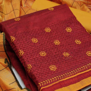 Flaunt Red Colored Casual Wear Embroidered Banarasi Cotton Dress Material - Peachmode