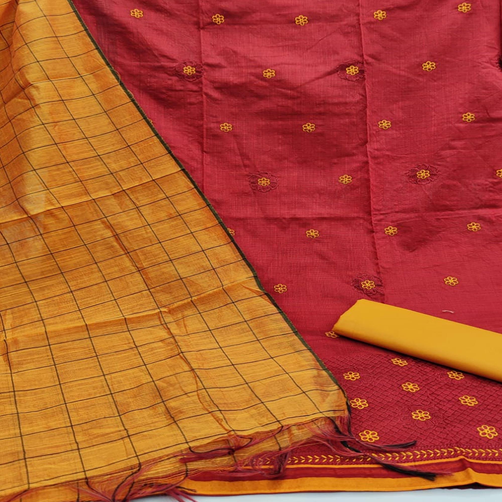 Flaunt Red Colored Casual Wear Embroidered Banarasi Cotton Dress Material - Peachmode