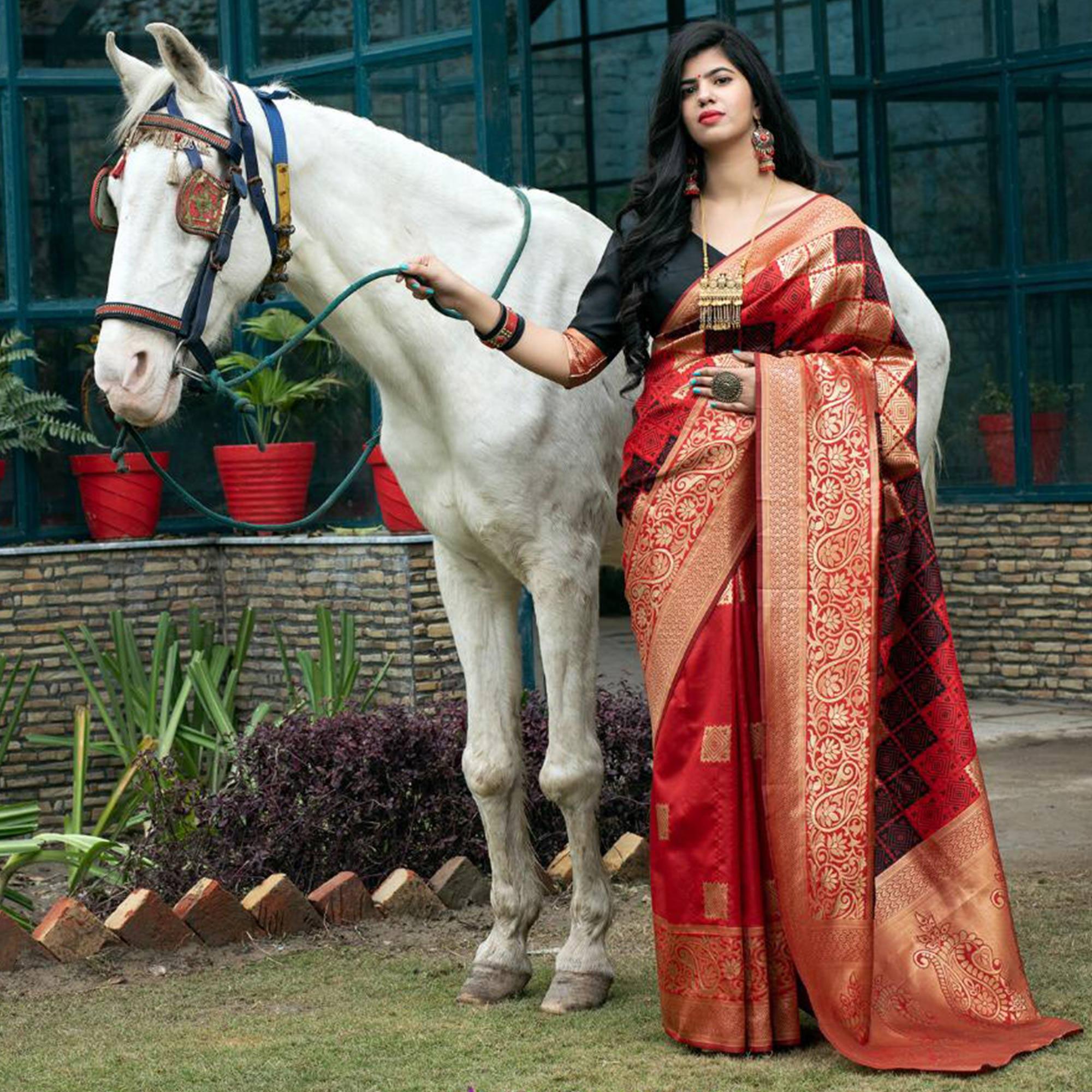 Flaunt Red Colored Festive Wear Woven Banarasi Silk Saree - Peachmode