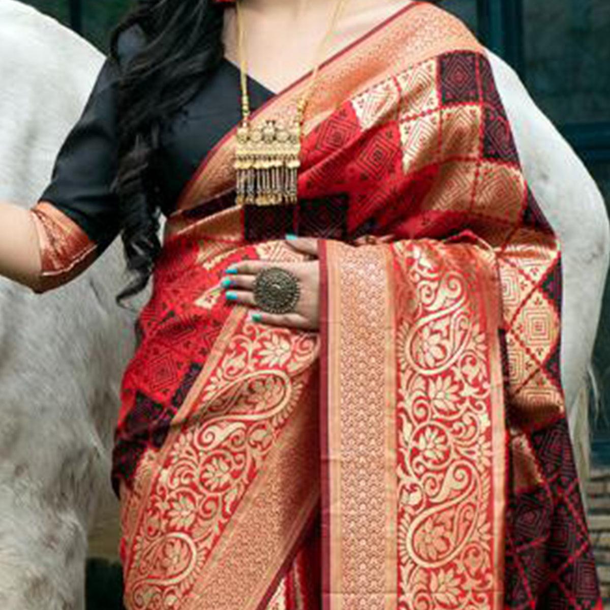 Flaunt Red Colored Festive Wear Woven Banarasi Silk Saree - Peachmode