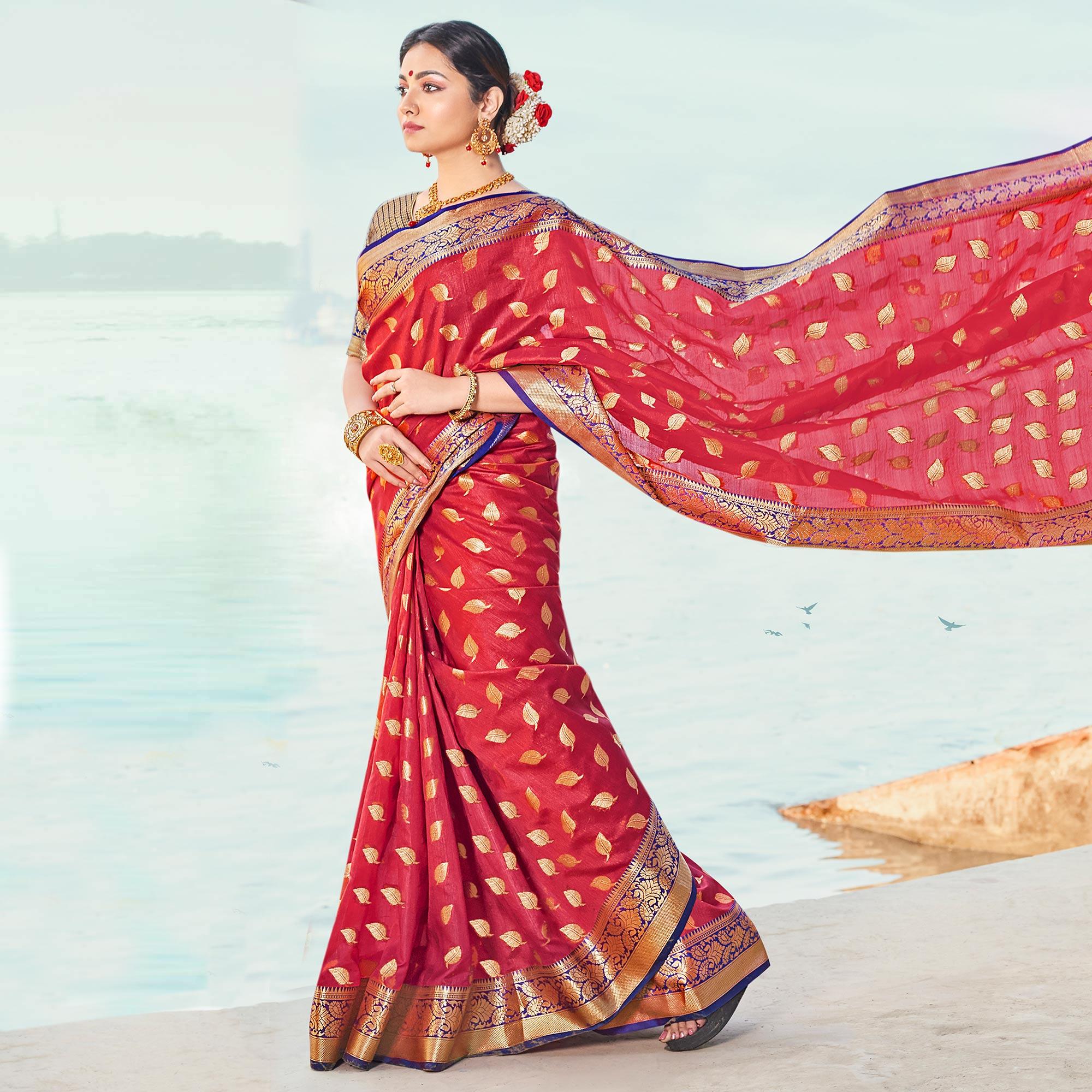 Flaunt Red Colored Festive Wear Woven Handloom Silk Saree - Peachmode