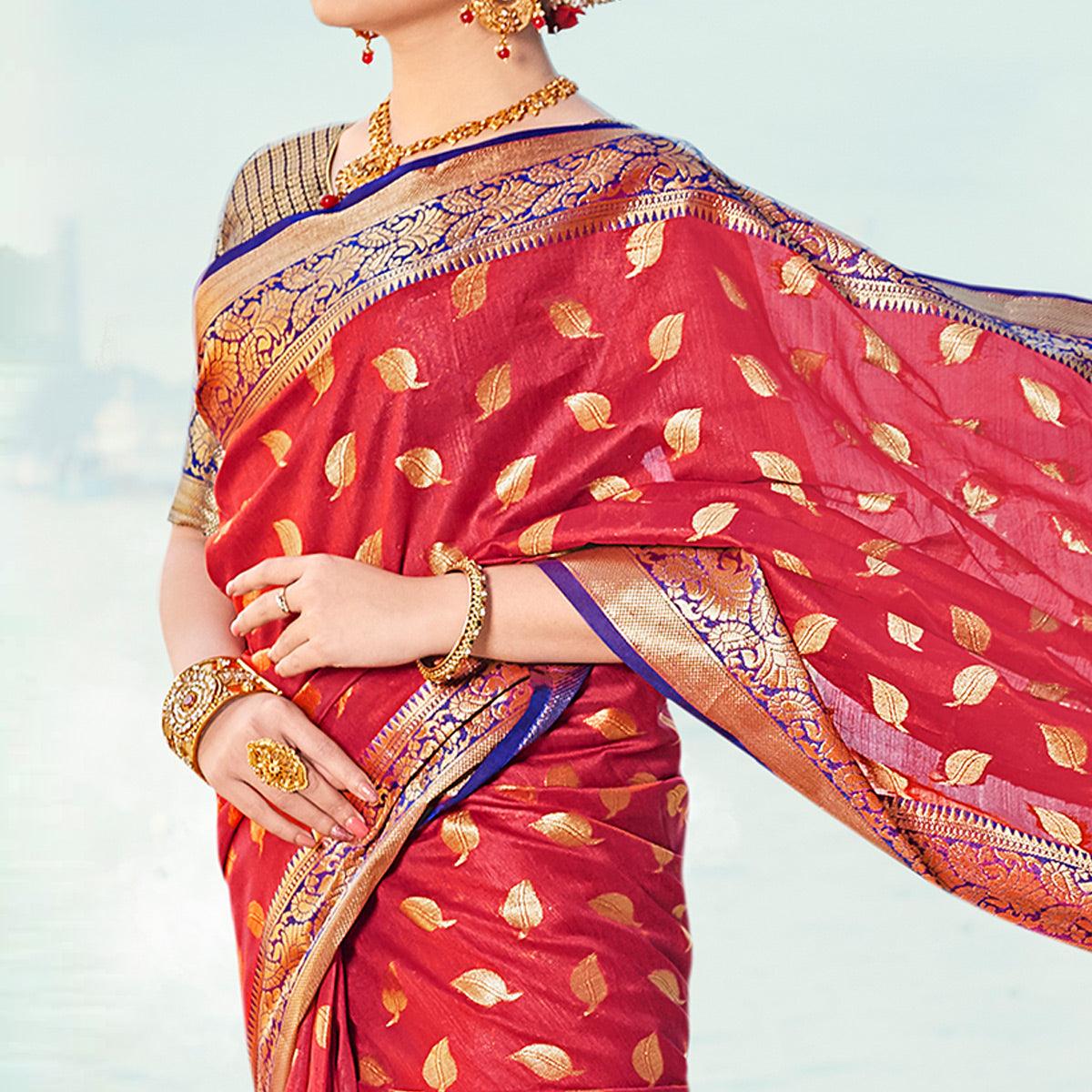 Flaunt Red Colored Festive Wear Woven Handloom Silk Saree - Peachmode