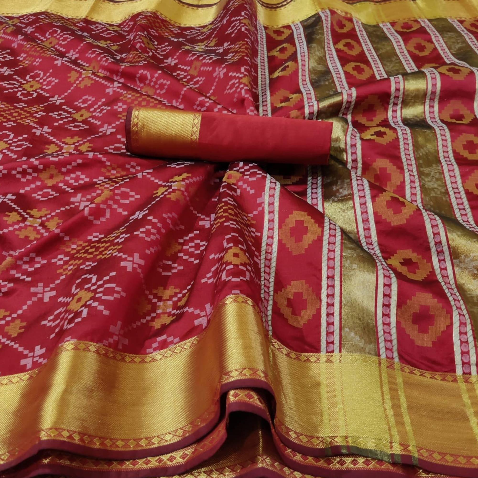 Flaunt Red Colored Festive Wear Woven Silk Saree - Peachmode