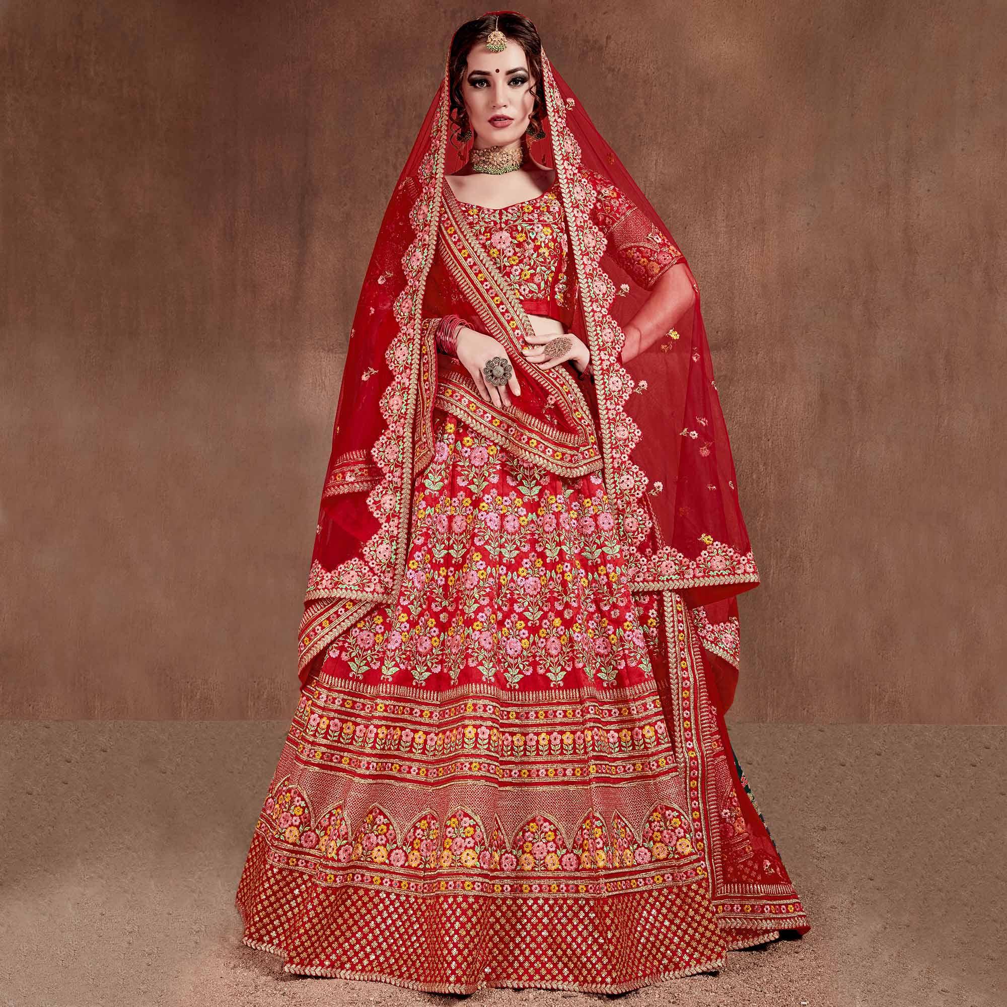 Flaunt Red Colored Partywear Embroidered Mulberry Silk Lehenga Choli - Peachmode