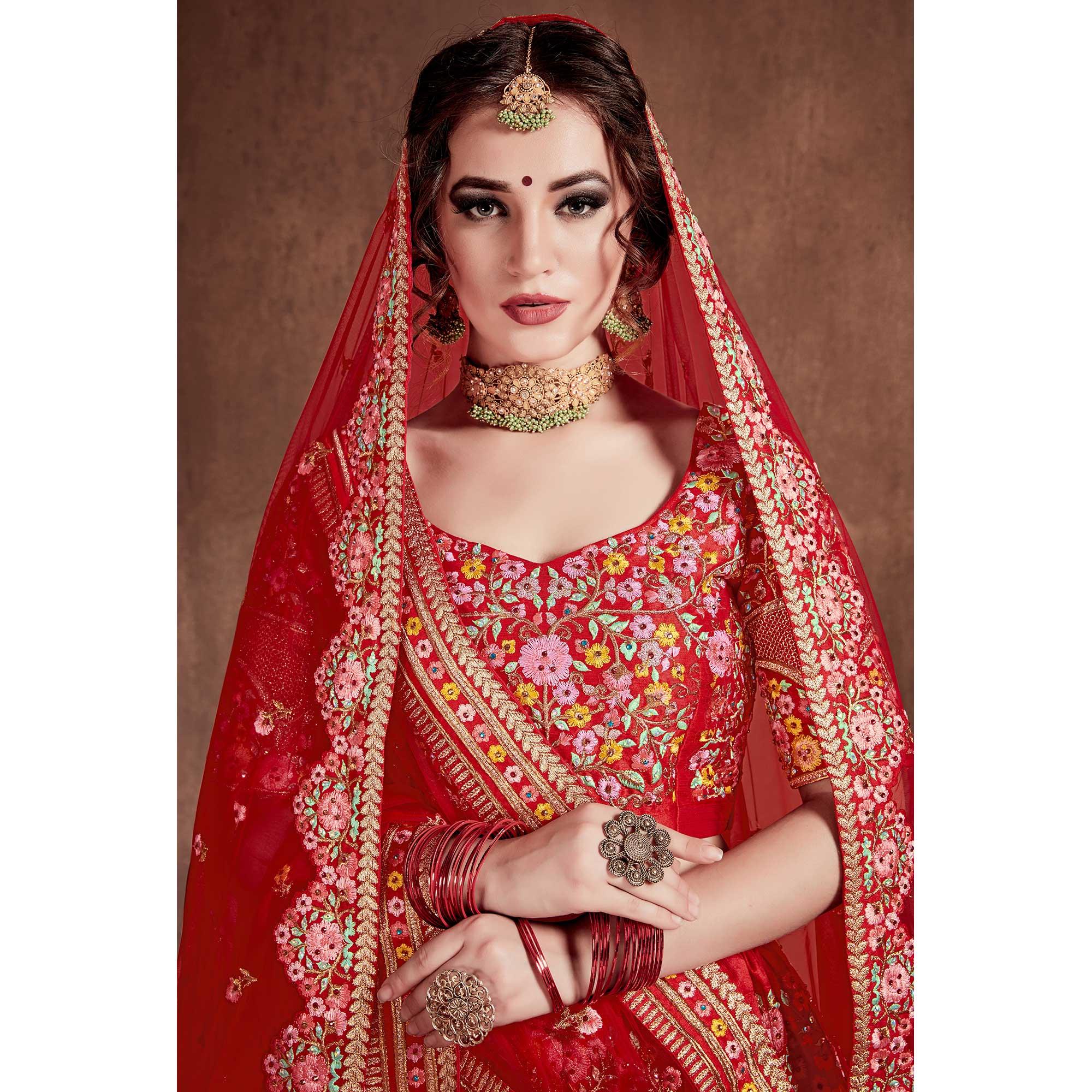 Flaunt Red Colored Partywear Embroidered Mulberry Silk Lehenga Choli - Peachmode