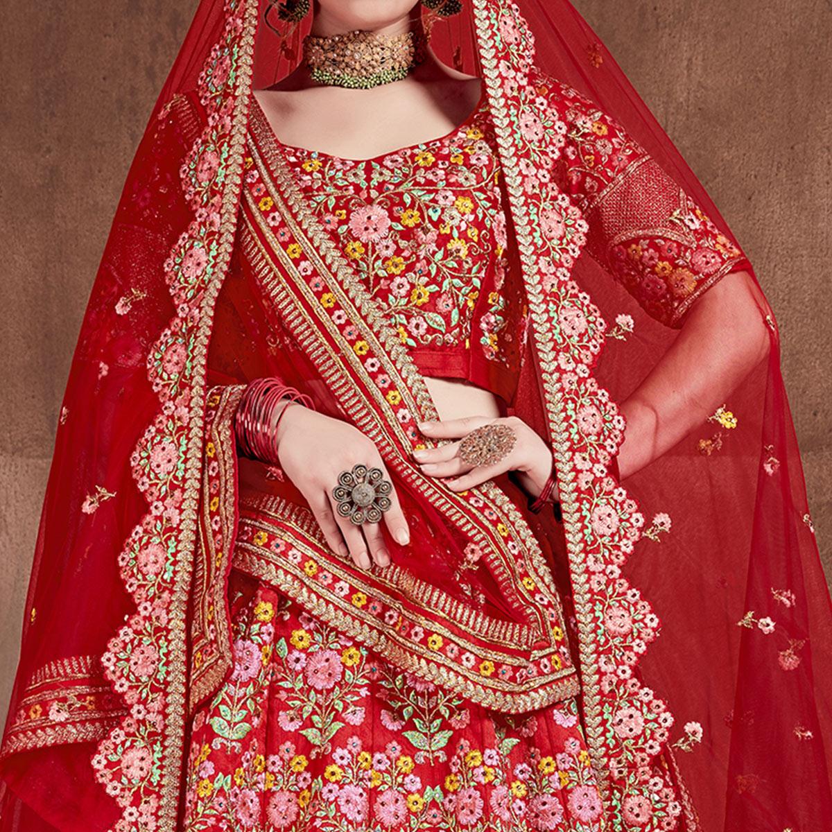 Flaunt Red Colored Partywear Embroidered Mulberry Silk Lehenga Choli - Peachmode