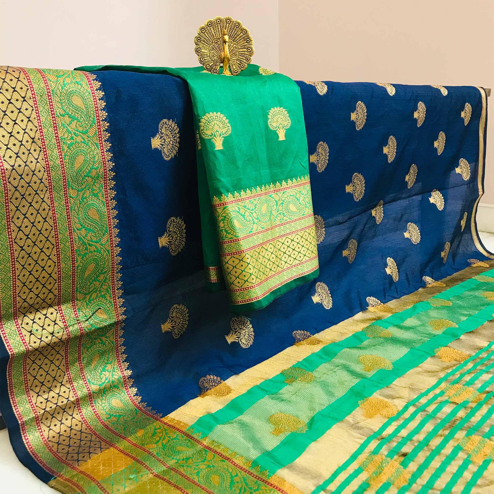 Flaunt Royal Blue Colored Festive Wear Woven Art Silk Saree - Peachmode