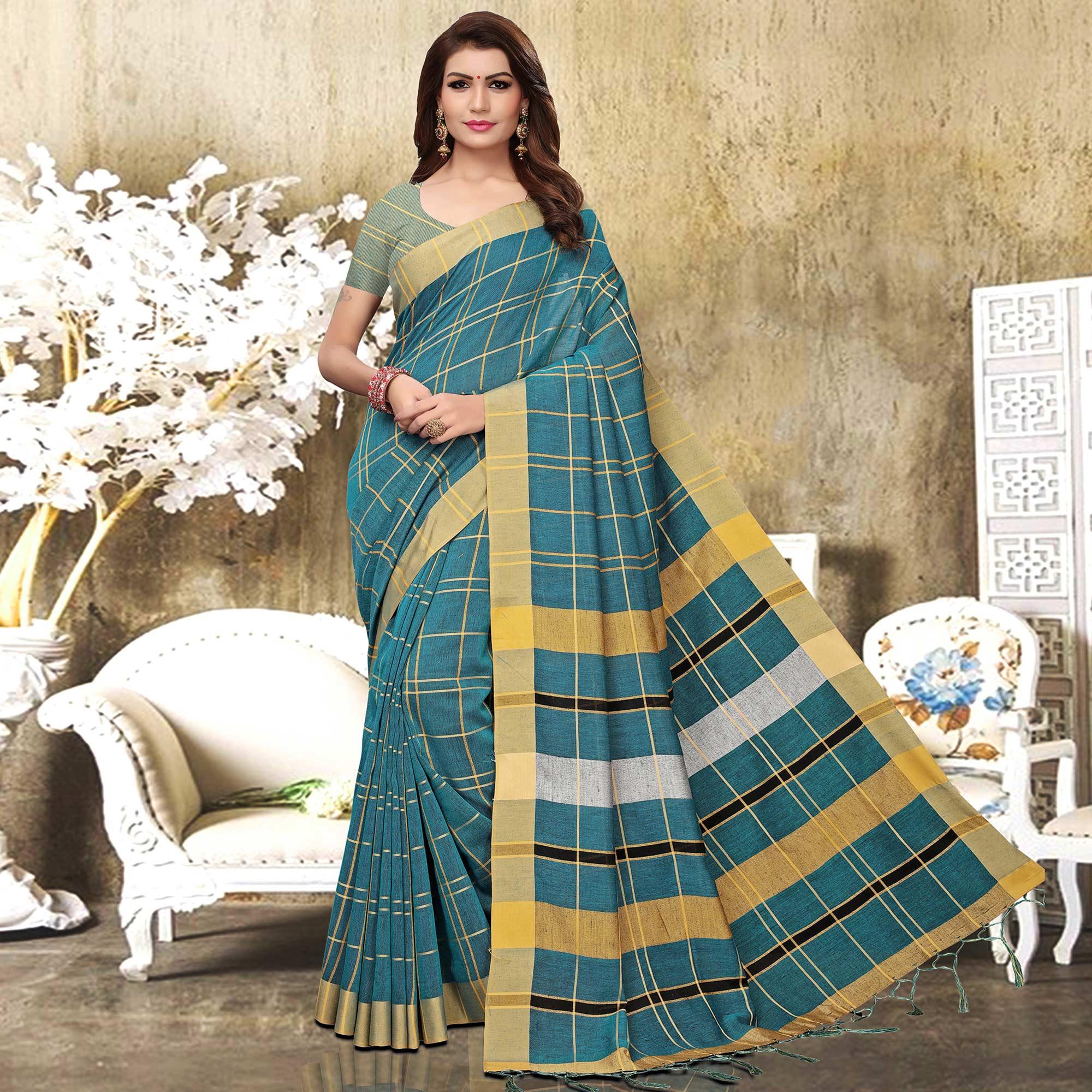Flaunt Teal Blue Colored Festive Wear Checks Print Pure Linen Saree - Peachmode