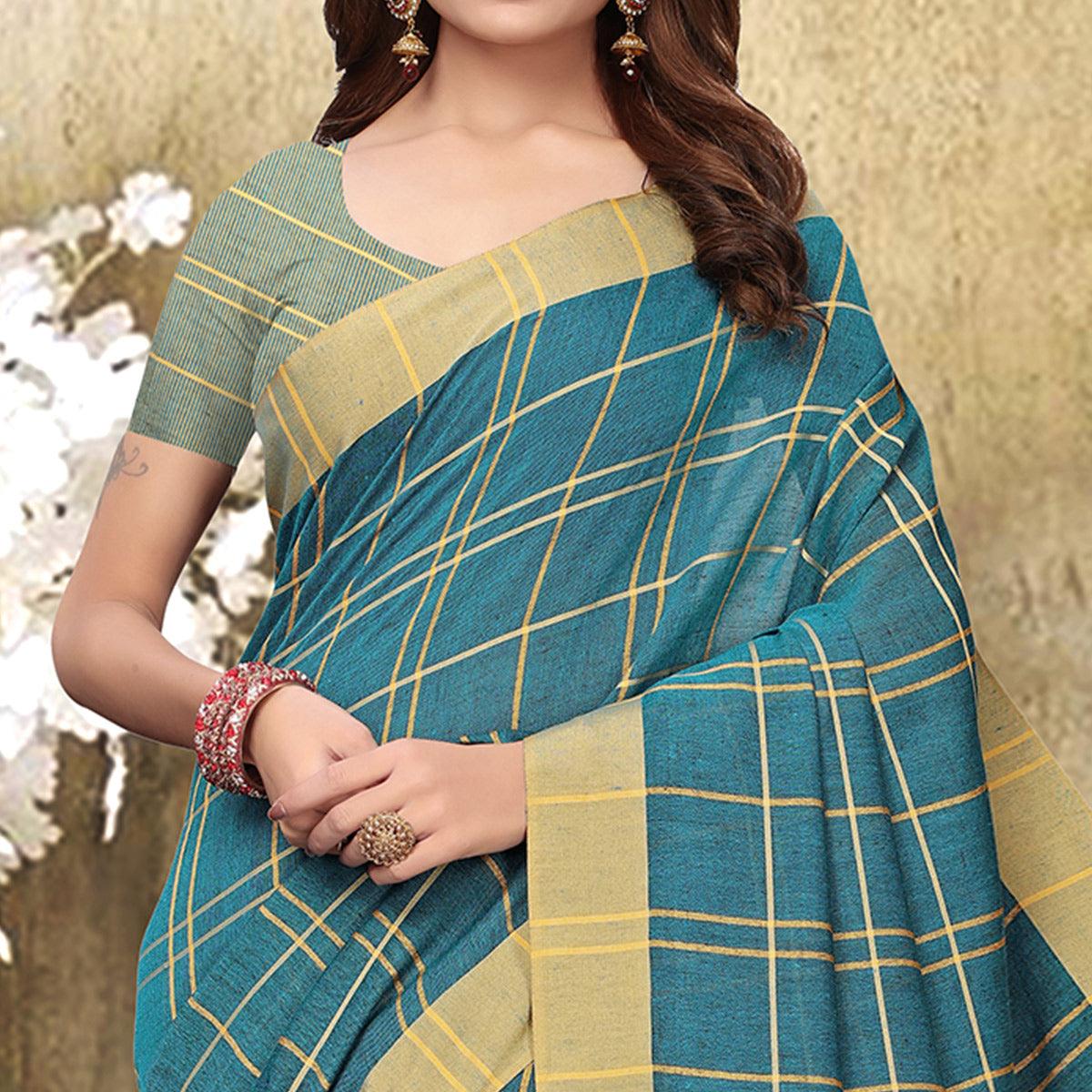 Flaunt Teal Blue Colored Festive Wear Checks Print Pure Linen Saree - Peachmode