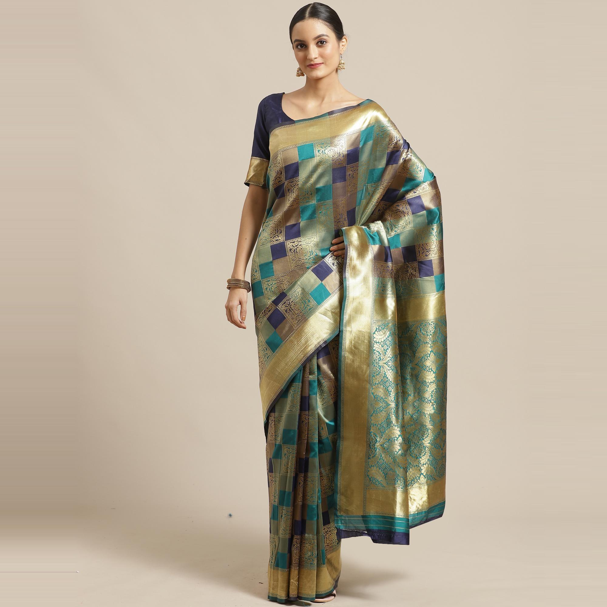 Flaunt Teal Green - Navy Blue Colored Festive Wear Woven Silk Blend Saree - Peachmode