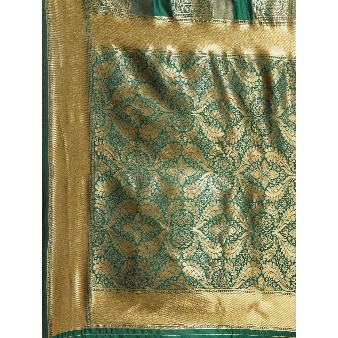 Flaunt Teal Green - Navy Blue Colored Festive Wear Woven Silk Blend Saree - Peachmode