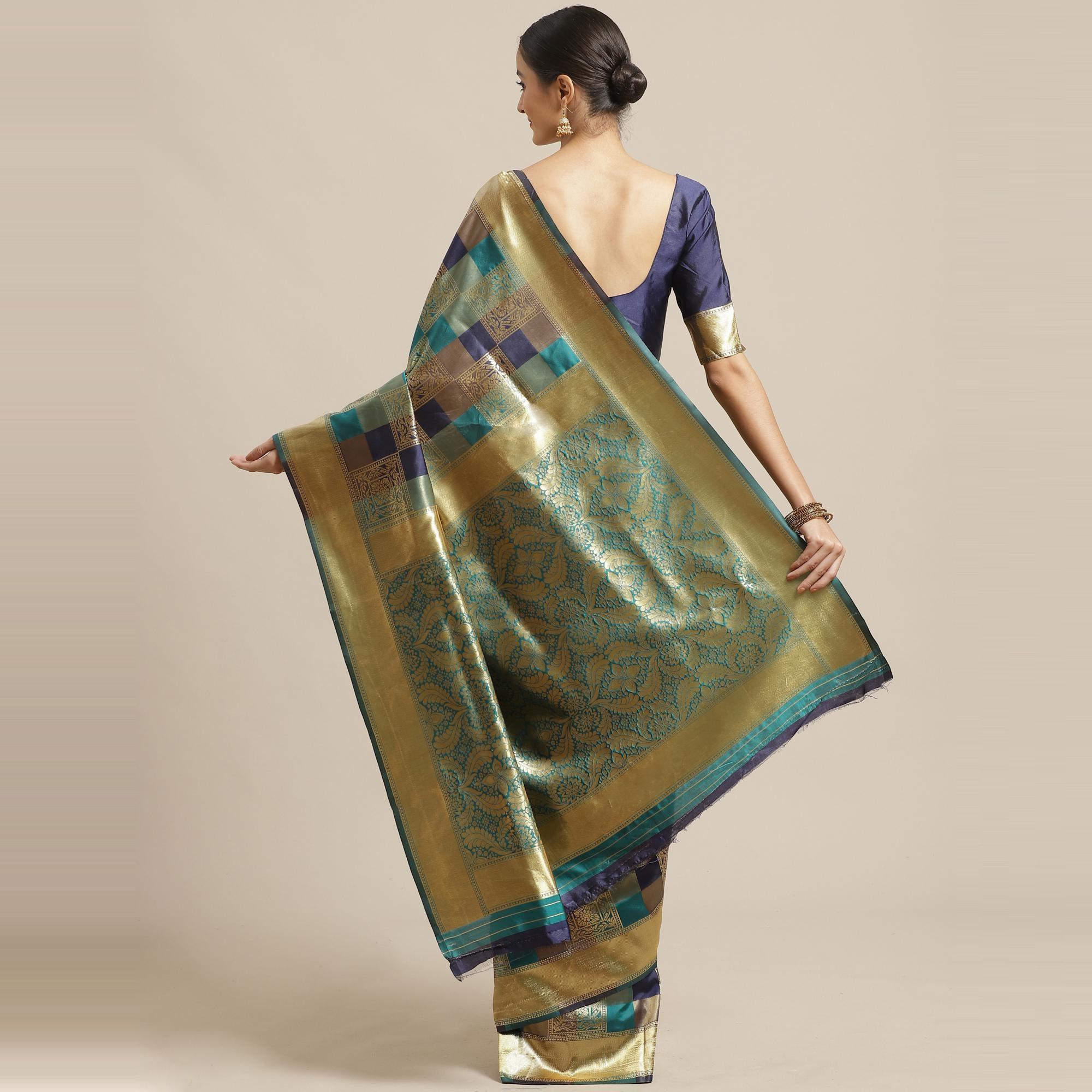Flaunt Teal Green - Navy Blue Colored Festive Wear Woven Silk Blend Saree - Peachmode