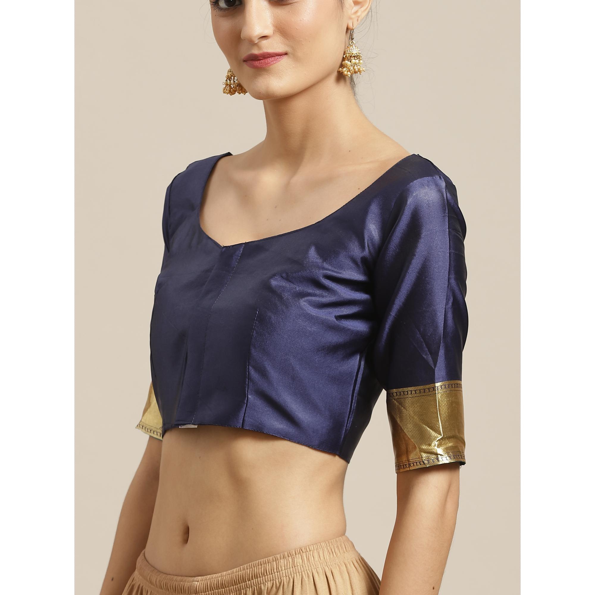 Flaunt Teal Green - Navy Blue Colored Festive Wear Woven Silk Blend Saree - Peachmode