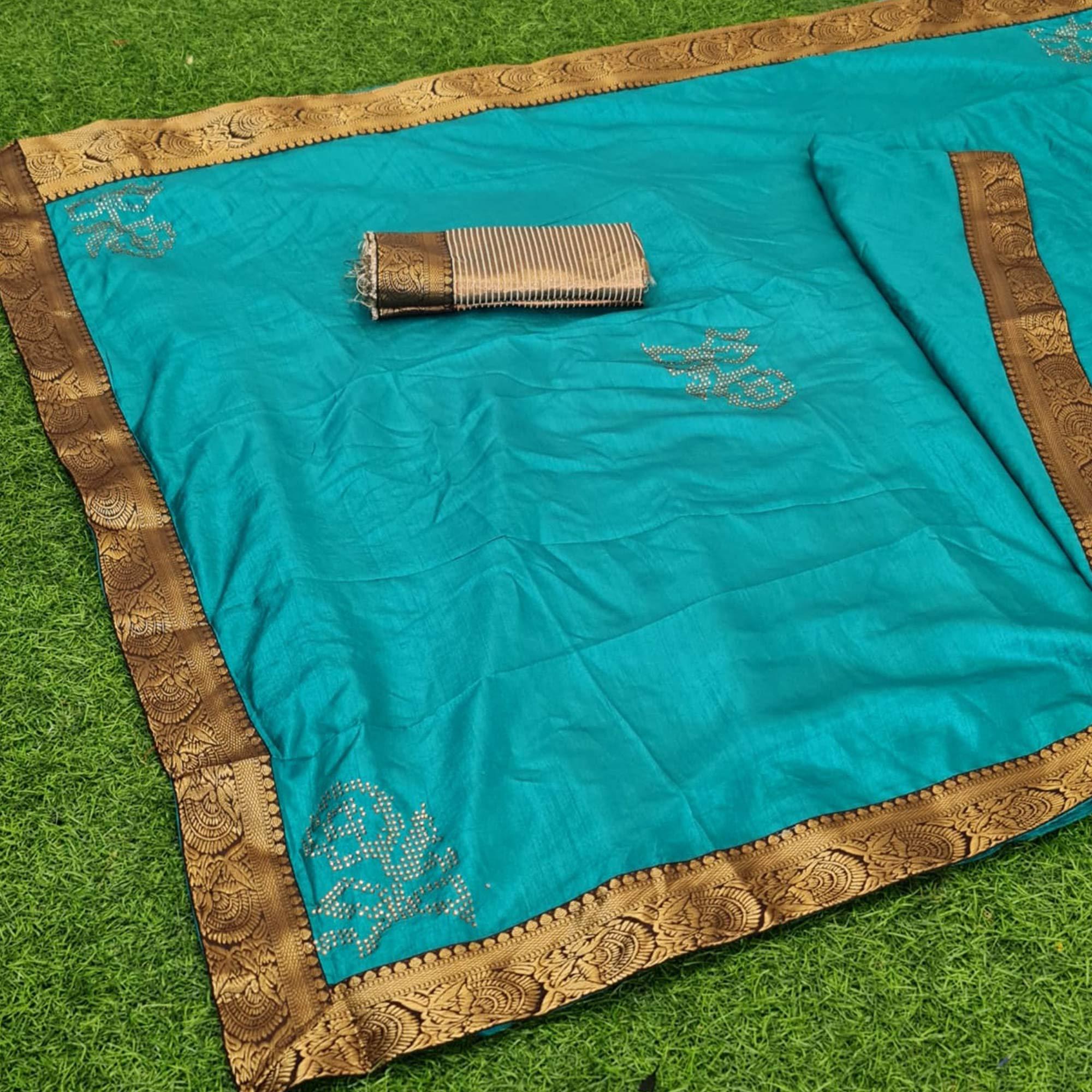 Flaunt Turquoise Coloured Casual Wear Lace Border Dola Silk Saree - Peachmode
