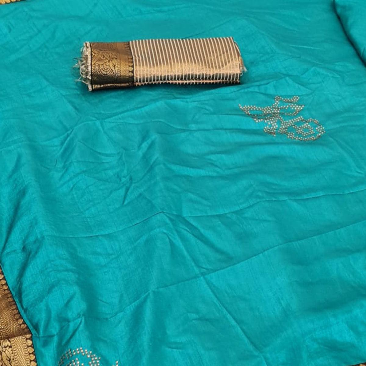 Flaunt Turquoise Coloured Casual Wear Lace Border Dola Silk Saree - Peachmode