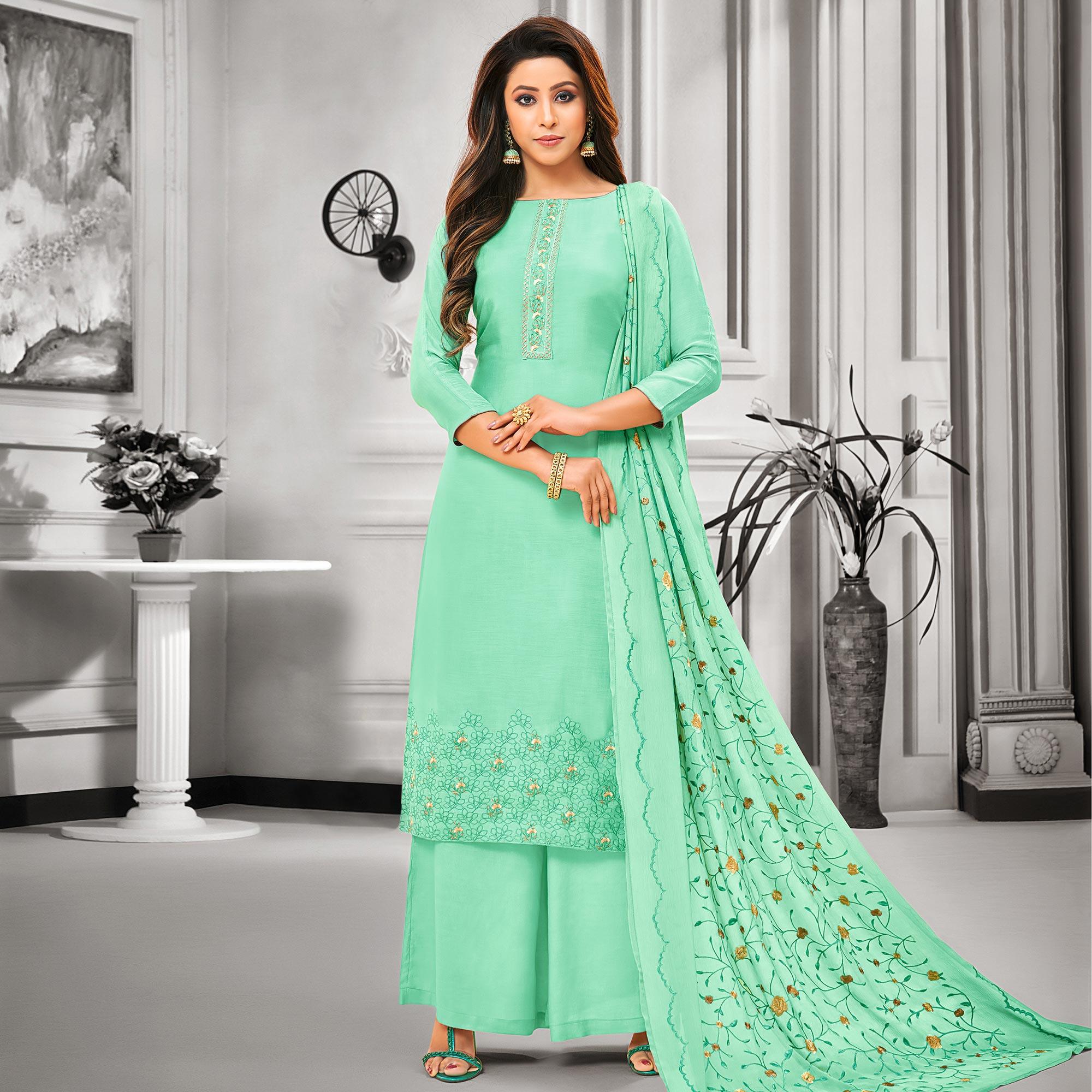 Flaunt Turquoise Green Colored Party Wear Embroidered Cotton Silk Palazzo Suit - Peachmode