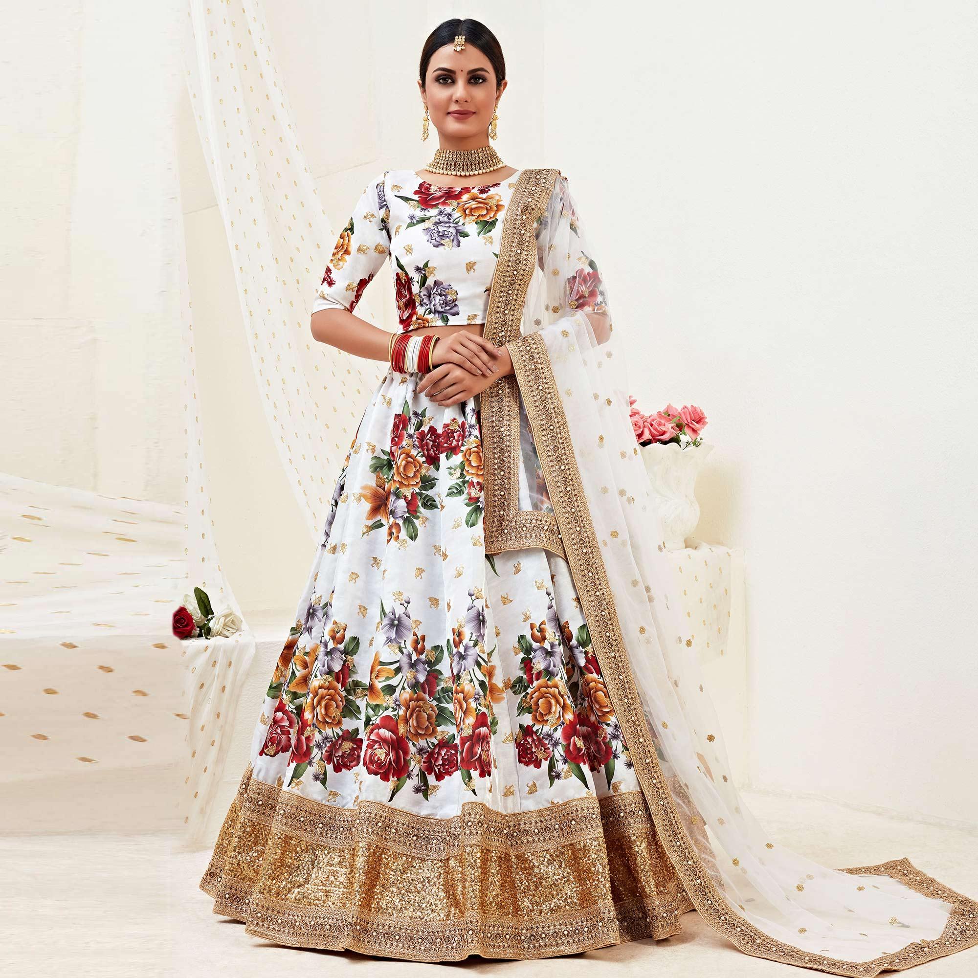 Flaunt White Colored Designer Wedding Wear Floral Printed Banglori Satin Lehenga Choli - Peachmode