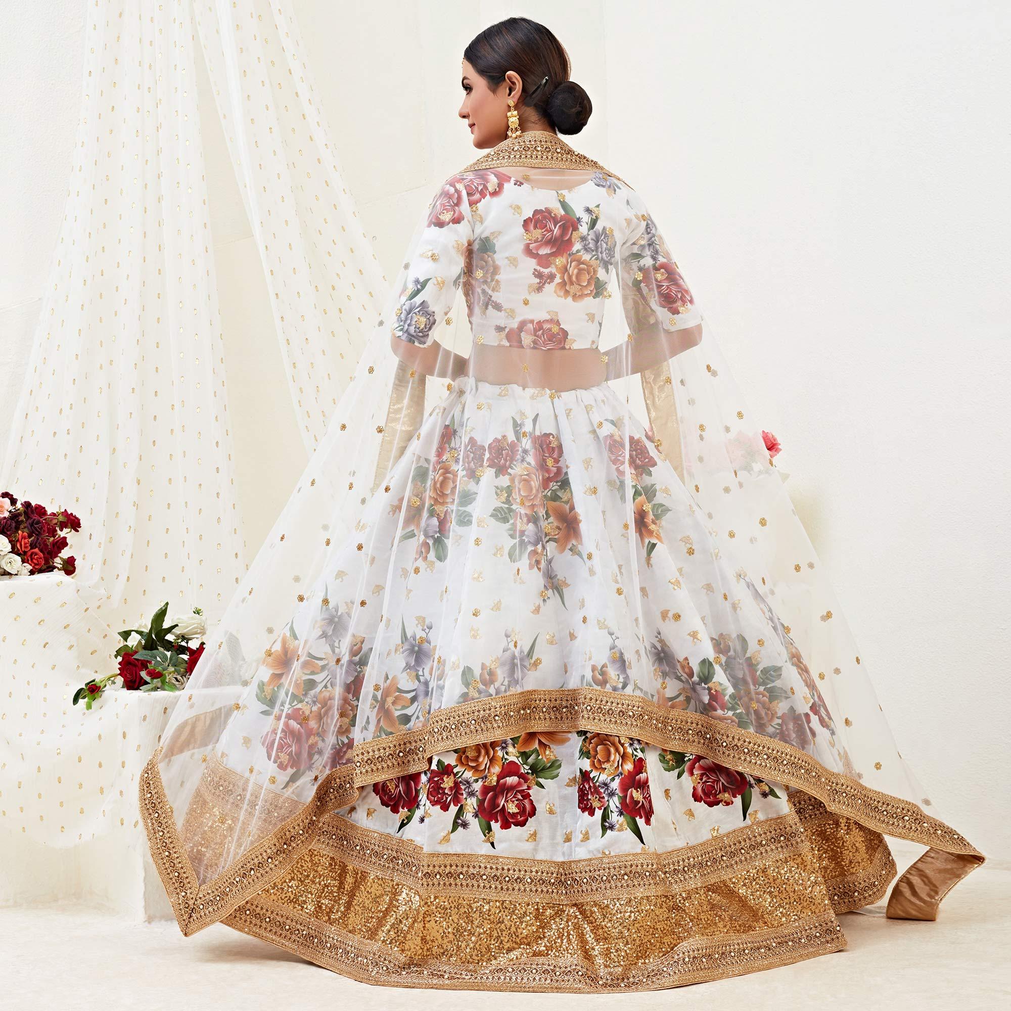 Flaunt White Colored Designer Wedding Wear Floral Printed Banglori Satin Lehenga Choli - Peachmode