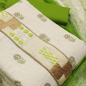 Flaunt White - Green Colored Casual Wear Embroidered Cotton Dress Material - Peachmode
