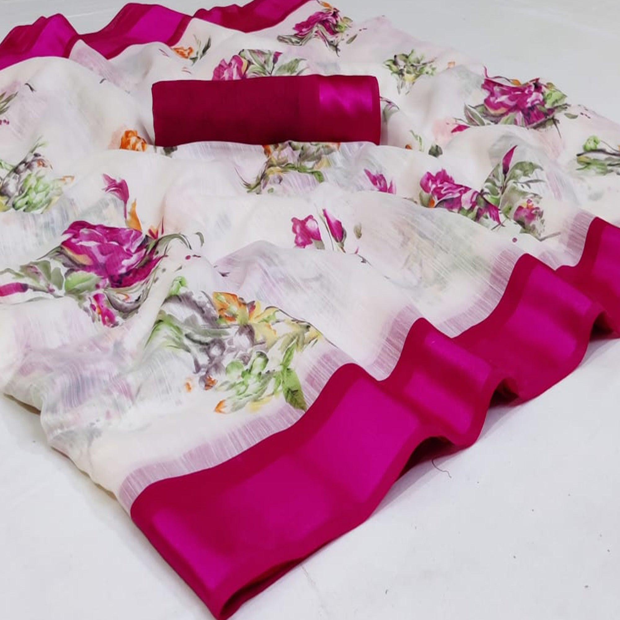 Flaunt White - Pink Colored Casual Wear Fancy Printed Linen Saree - Peachmode