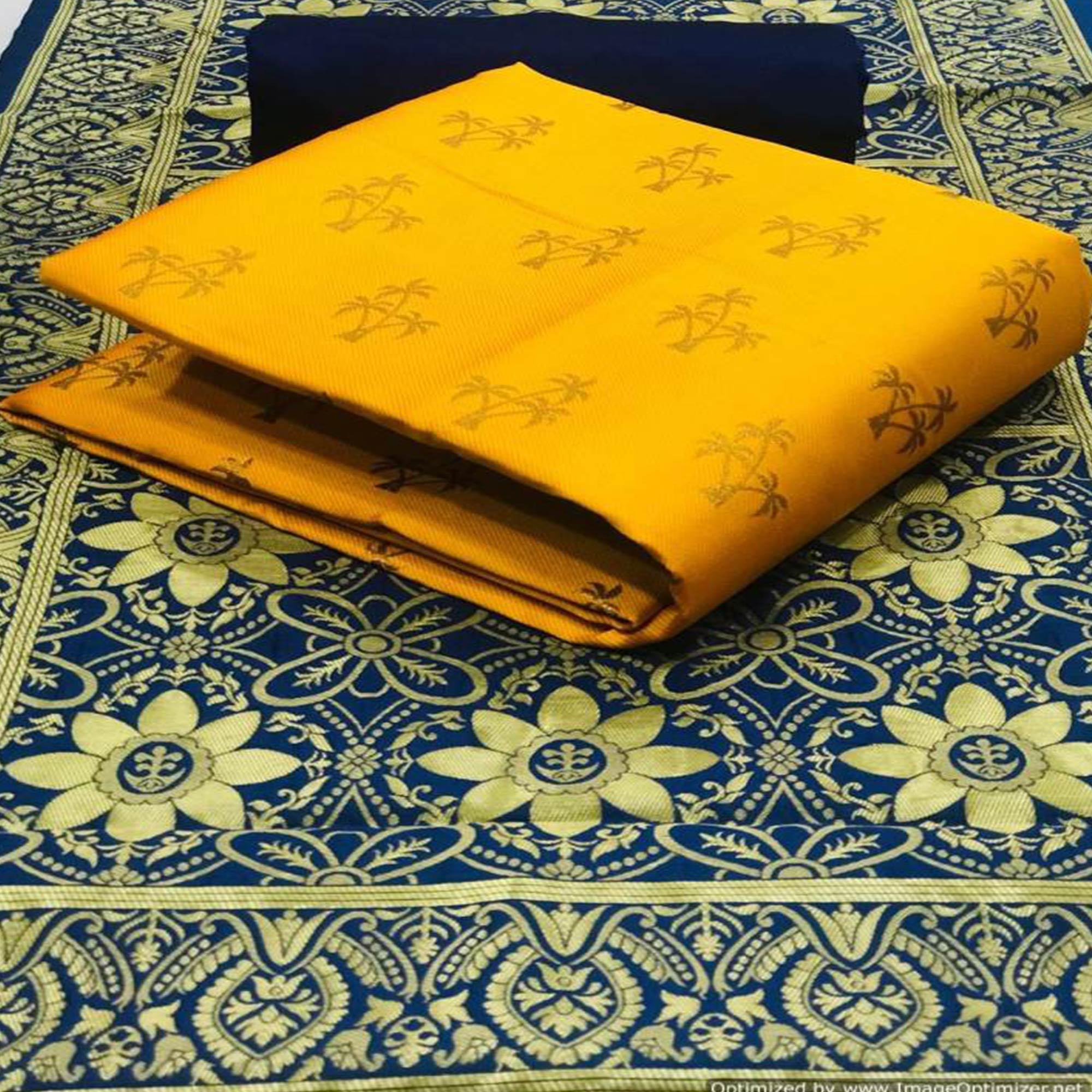 Flaunt Yellow Colored Casual Wear Banarasi Silk Dress Material - Peachmode