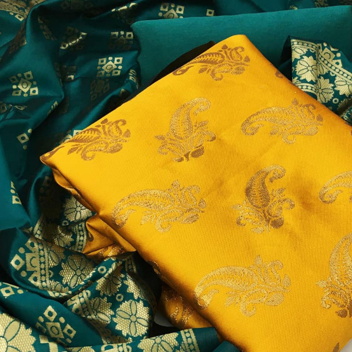 Flaunt Yellow Colored Casual Wear Woven Banarasi Silk Dress Material - Peachmode