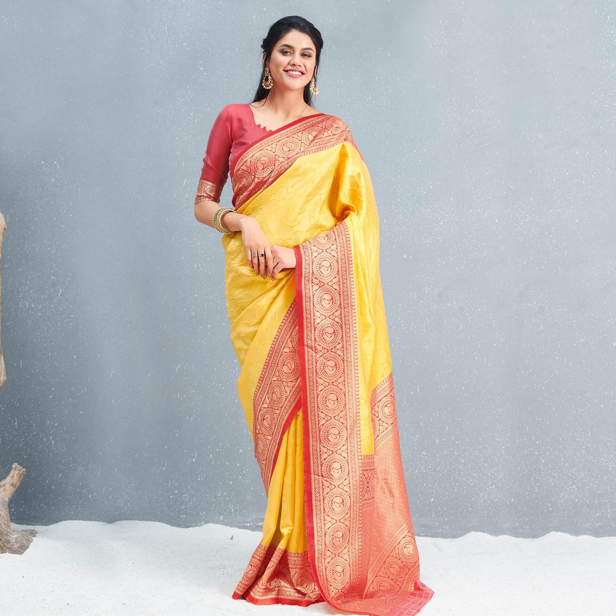 Flaunt Yellow Colored Festive Wear Woven Silk Saree - Peachmode