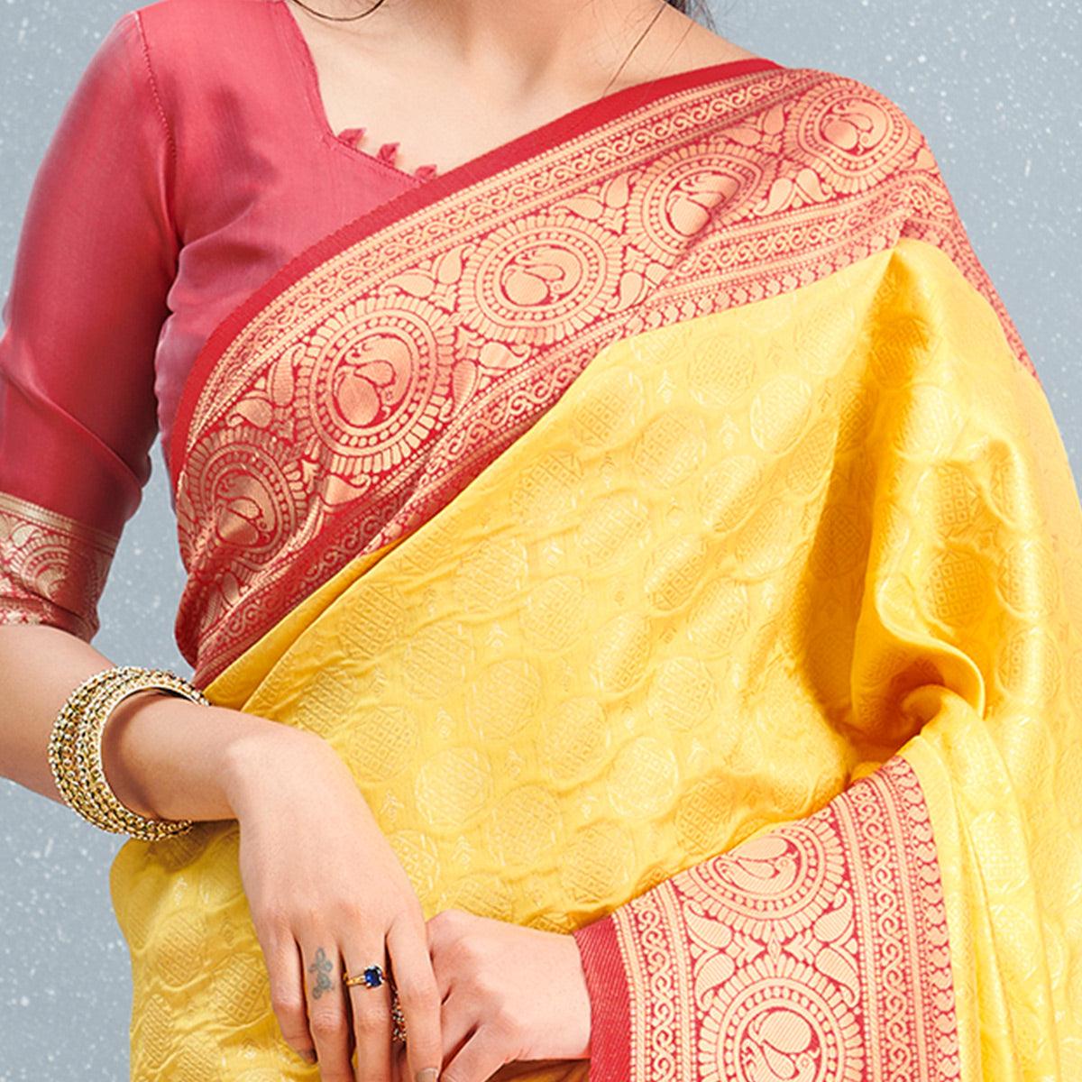 Flaunt Yellow Colored Festive Wear Woven Silk Saree - Peachmode