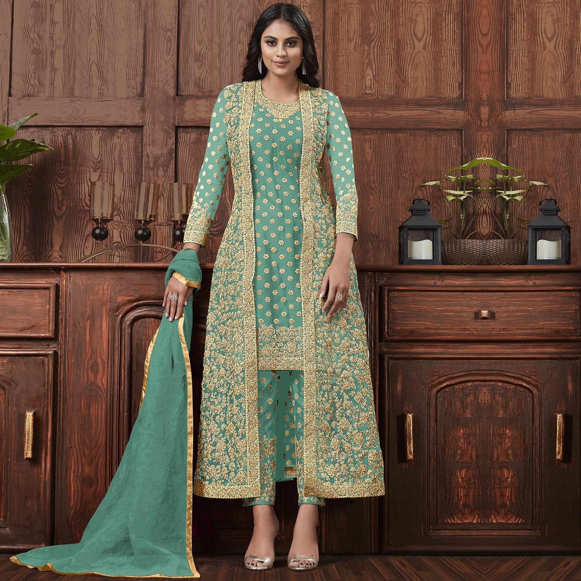 Flirty Aqua Blue Coloured Partywear Embroidered Butterfly Net Pakistani Straight Suit - Peachmode
