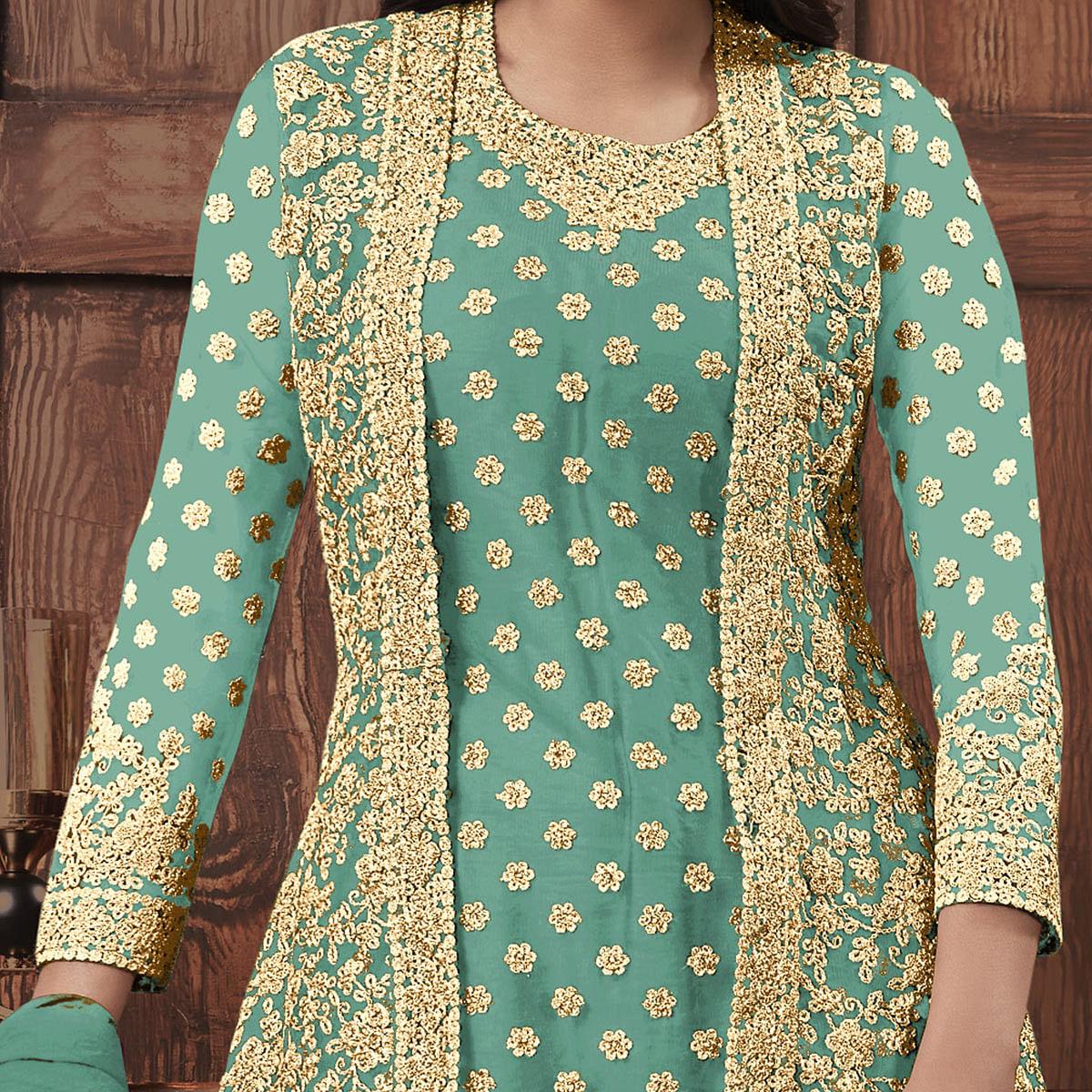 Flirty Aqua Blue Coloured Partywear Embroidered Butterfly Net Pakistani Straight Suit - Peachmode