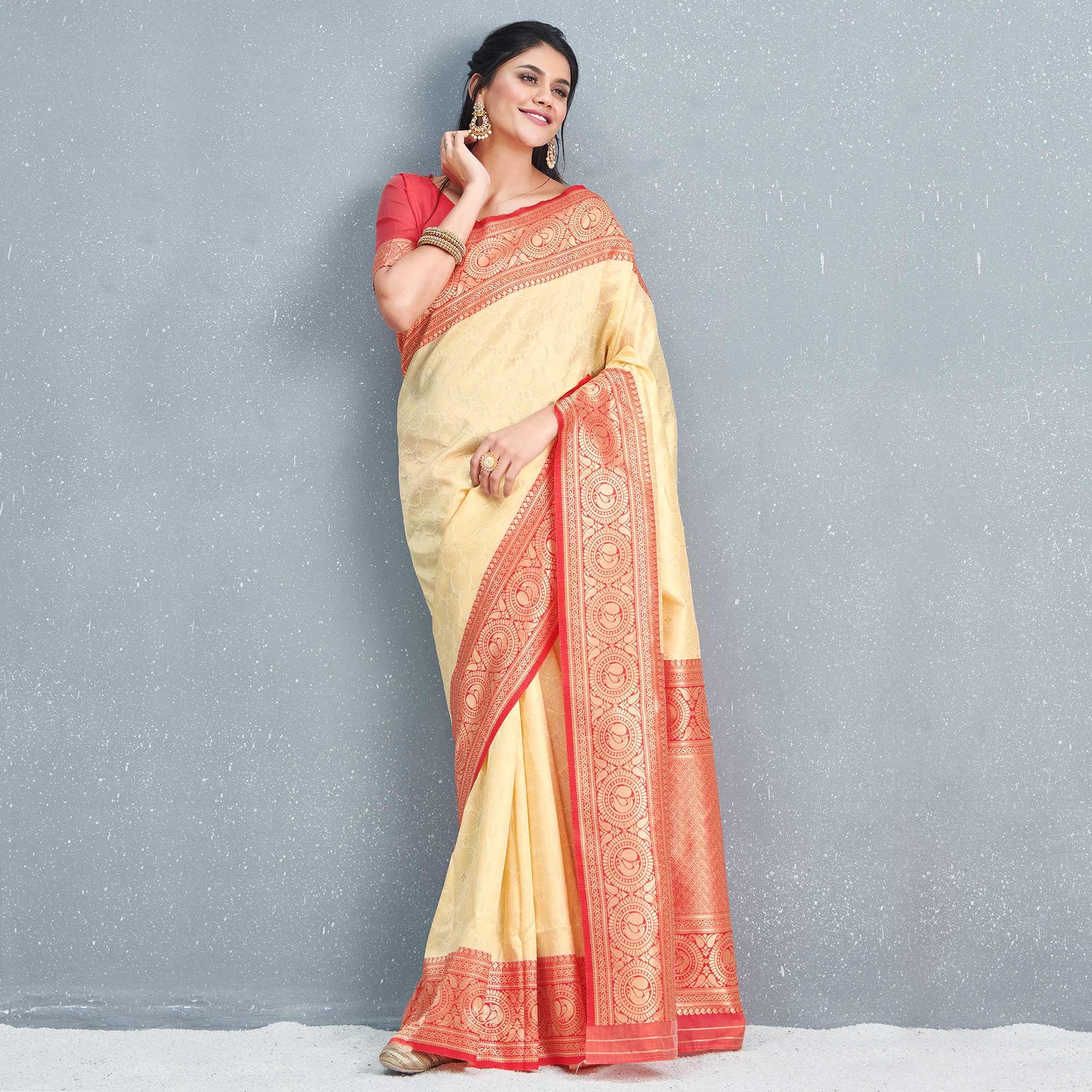 Flirty Beige Colored Festive Wear Woven Silk Saree - Peachmode