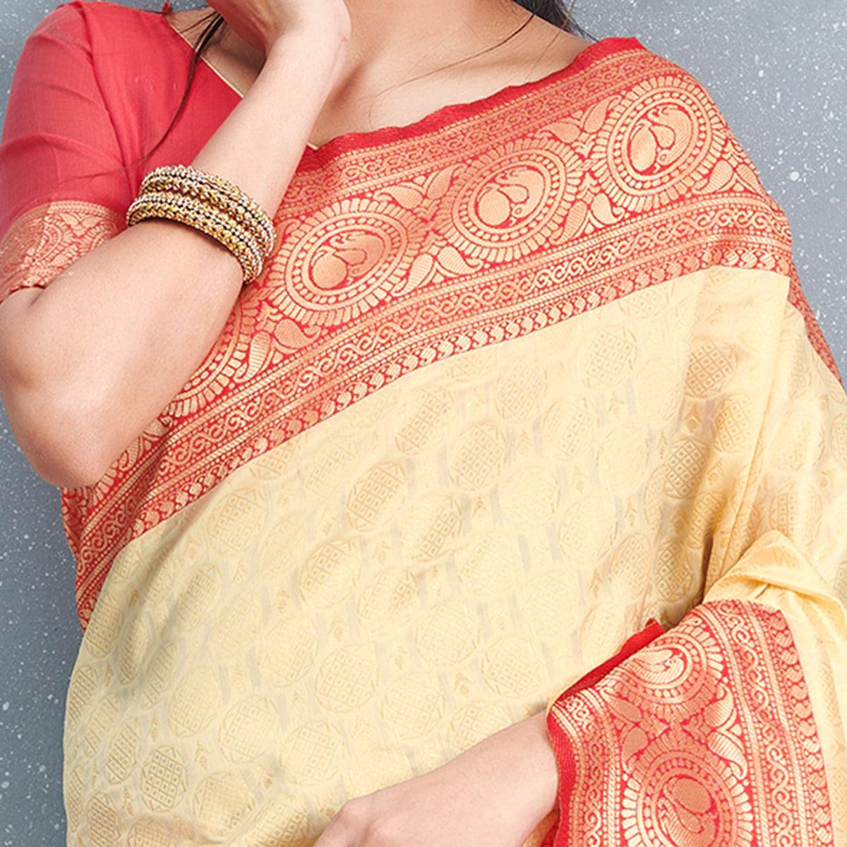 Flirty Beige Colored Festive Wear Woven Silk Saree - Peachmode
