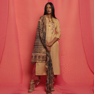 Flirty Beige Colored Partywear Embroidered Viscose Kurti With Dupatta - Peachmode