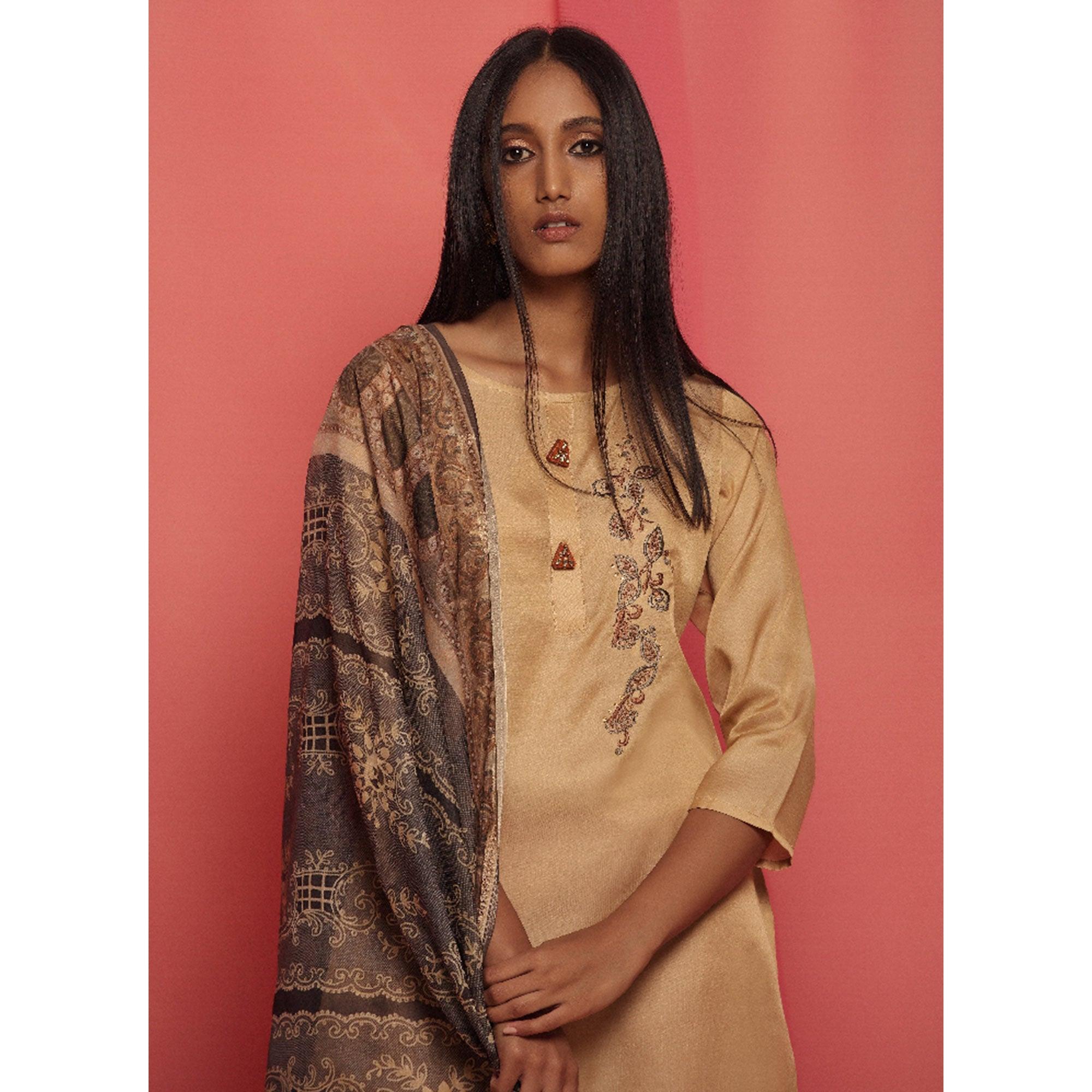 Flirty Beige Colored Partywear Embroidered Viscose Kurti With Dupatta - Peachmode