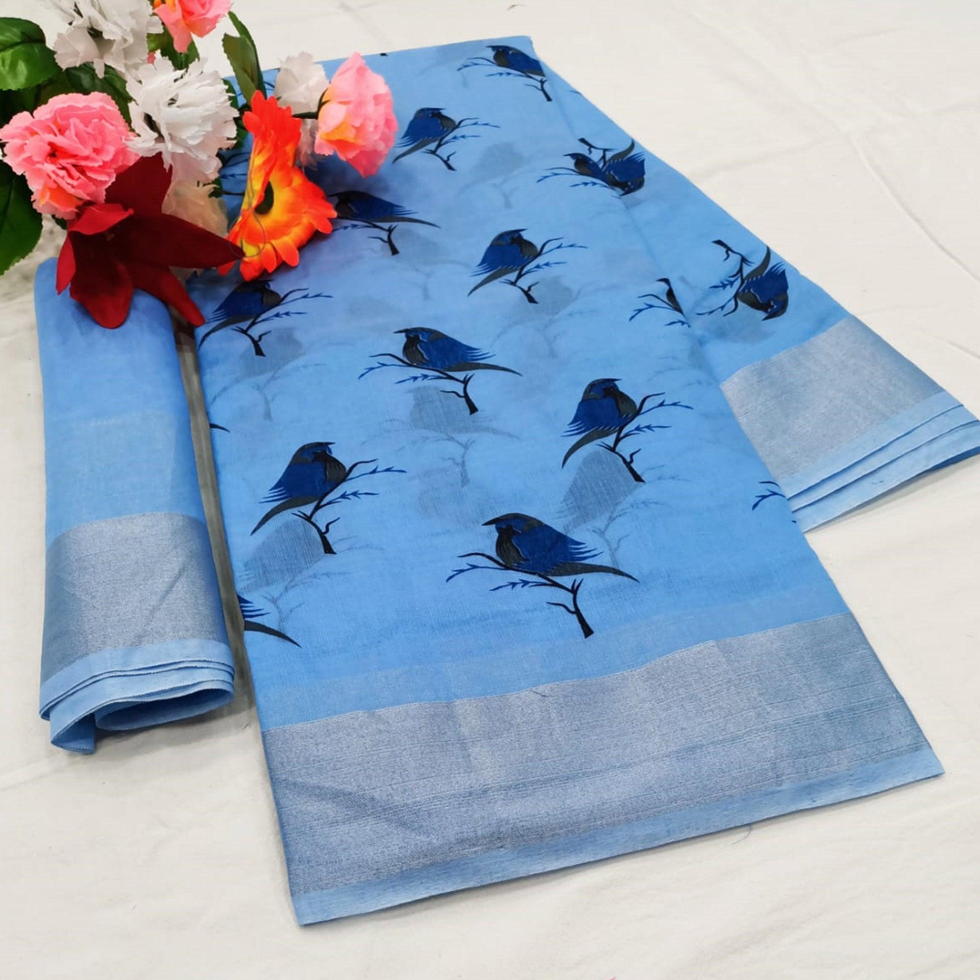 Flirty Blue Colored Casual Wear Printed Cotton Linen Saree - Peachmode