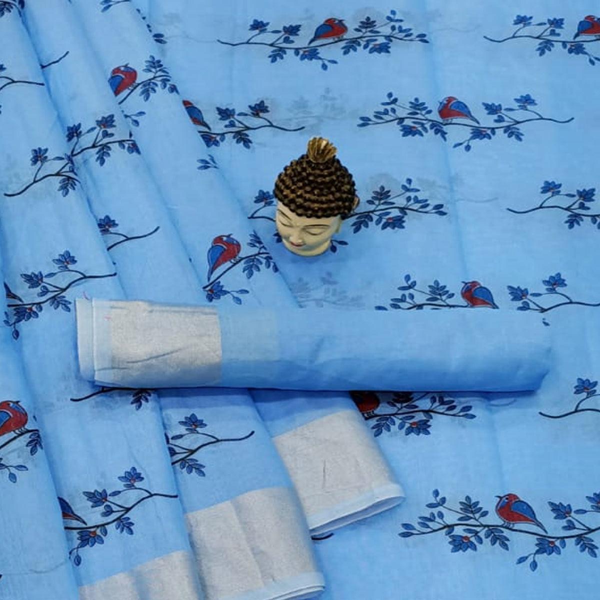 Flirty Blue Colored Casual Wear Printed Cotton Linen Saree - Peachmode