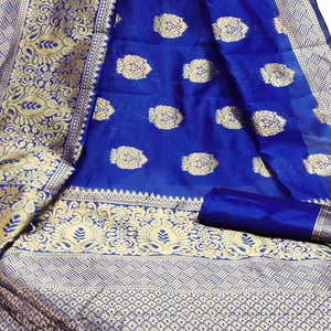 Flirty Blue Colored Festive Wear Woven Litchi Jacquard Silk Saree - Peachmode