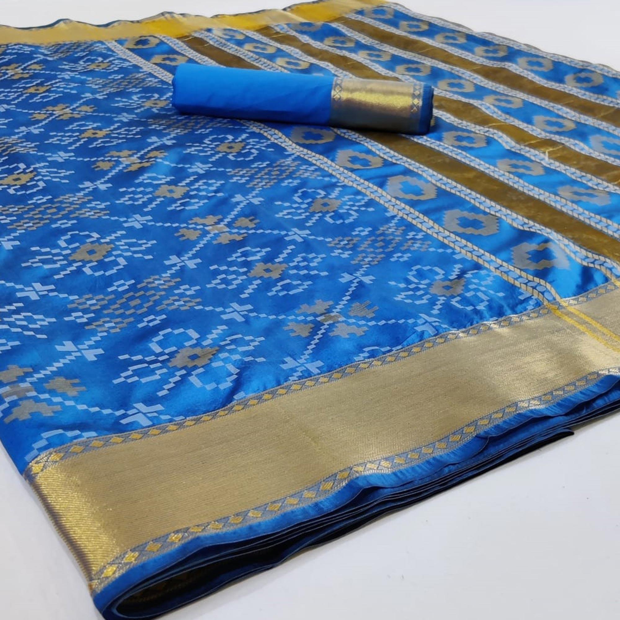 Flirty Blue Colored Festive Wear Woven Silk Saree - Peachmode