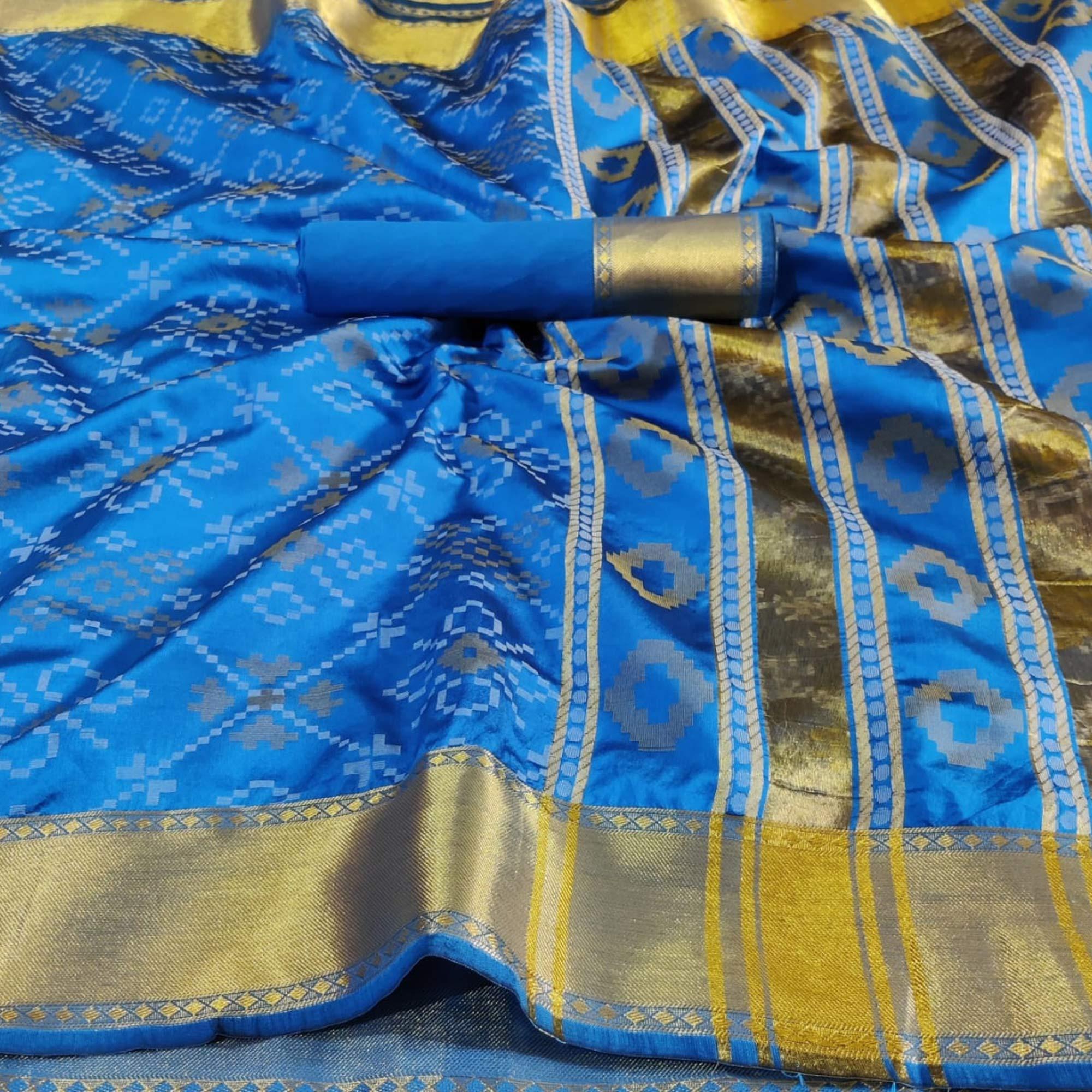 Flirty Blue Colored Festive Wear Woven Silk Saree - Peachmode