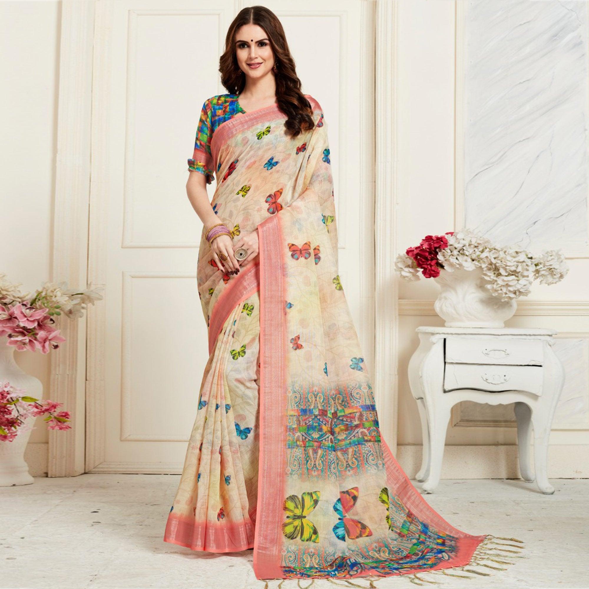 Flirty Cream Colored Casual Butterfly Digital Printed Linen Saree - Peachmode