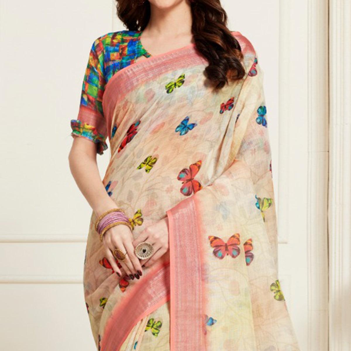 Flirty Cream Colored Casual Butterfly Digital Printed Linen Saree - Peachmode
