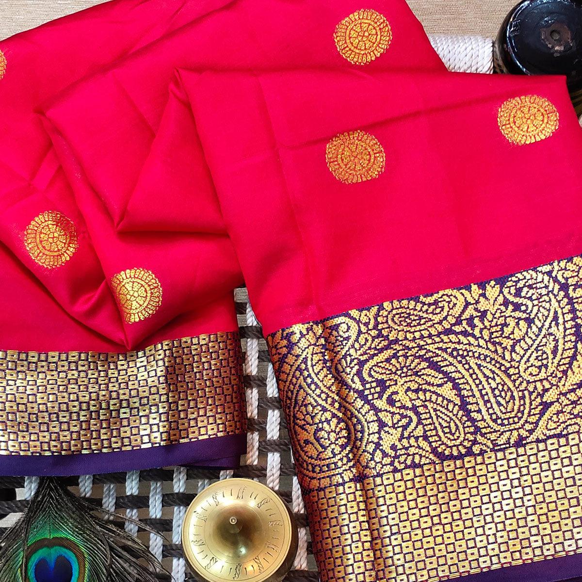 Flirty Dark Pink Colored Festive Wear Woven Kanjivaram Silk Saree - Peachmode