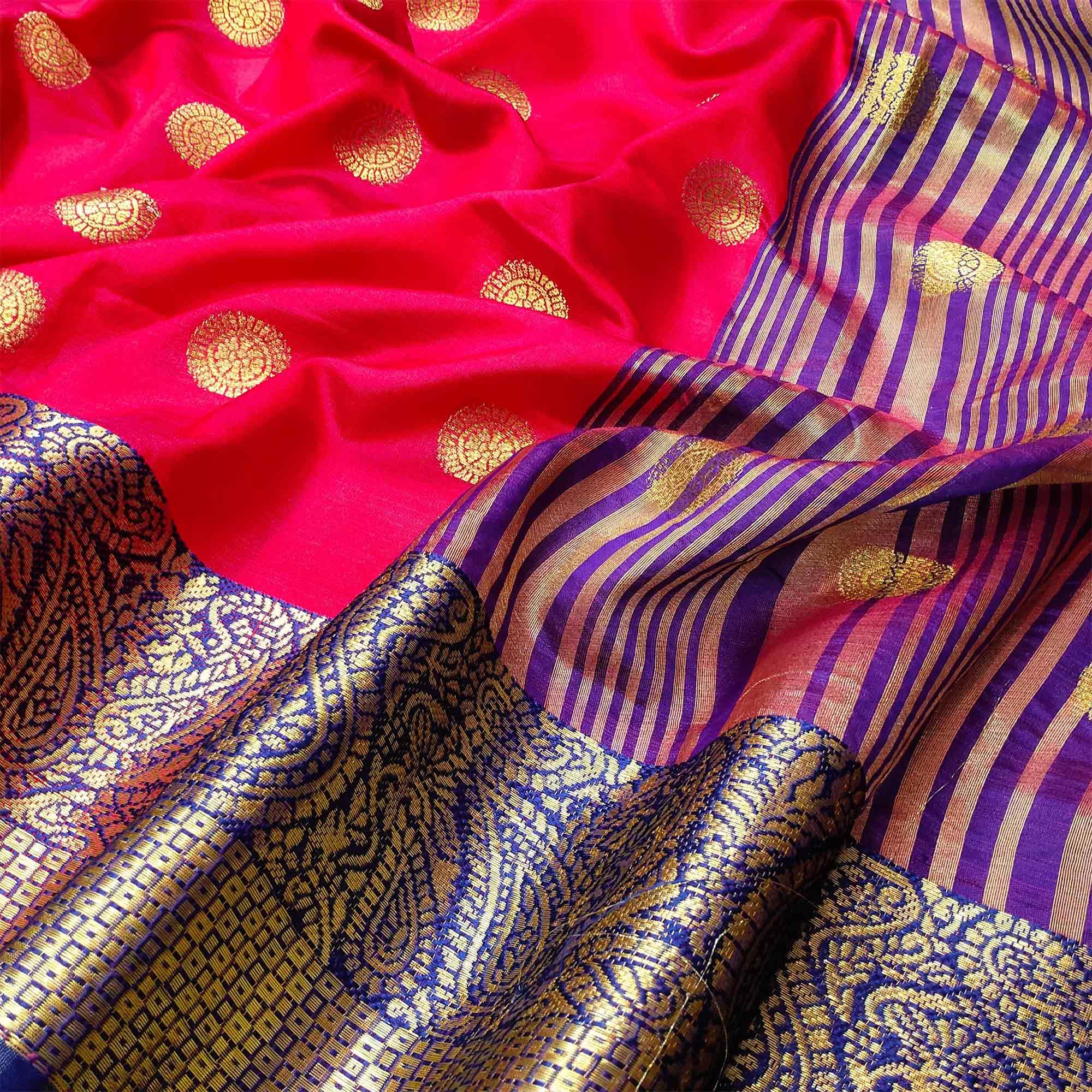 Flirty Dark Pink Colored Festive Wear Woven Kanjivaram Silk Saree - Peachmode