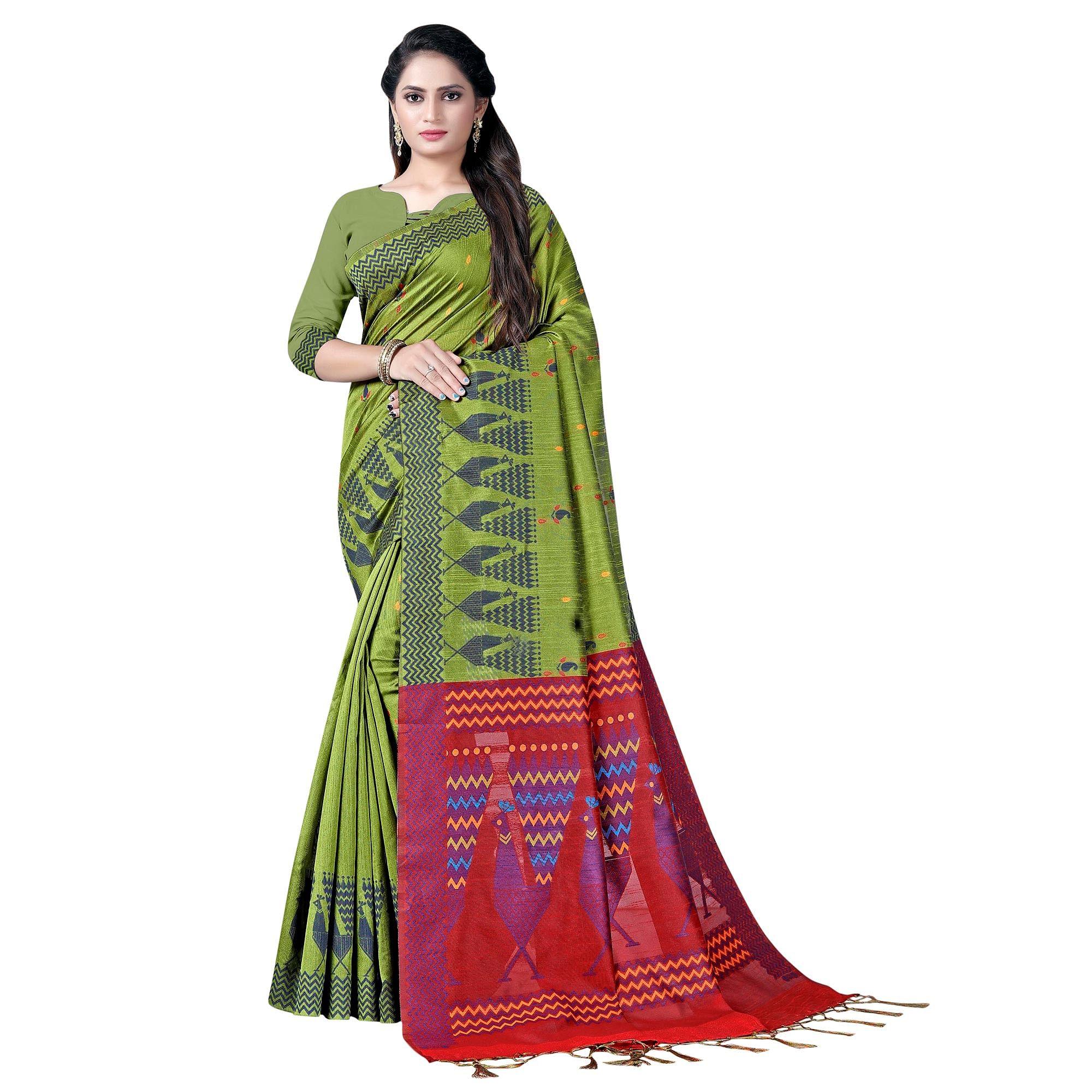 Flirty Green Colored Festive Wear Printed Cotton Saree - Peachmode